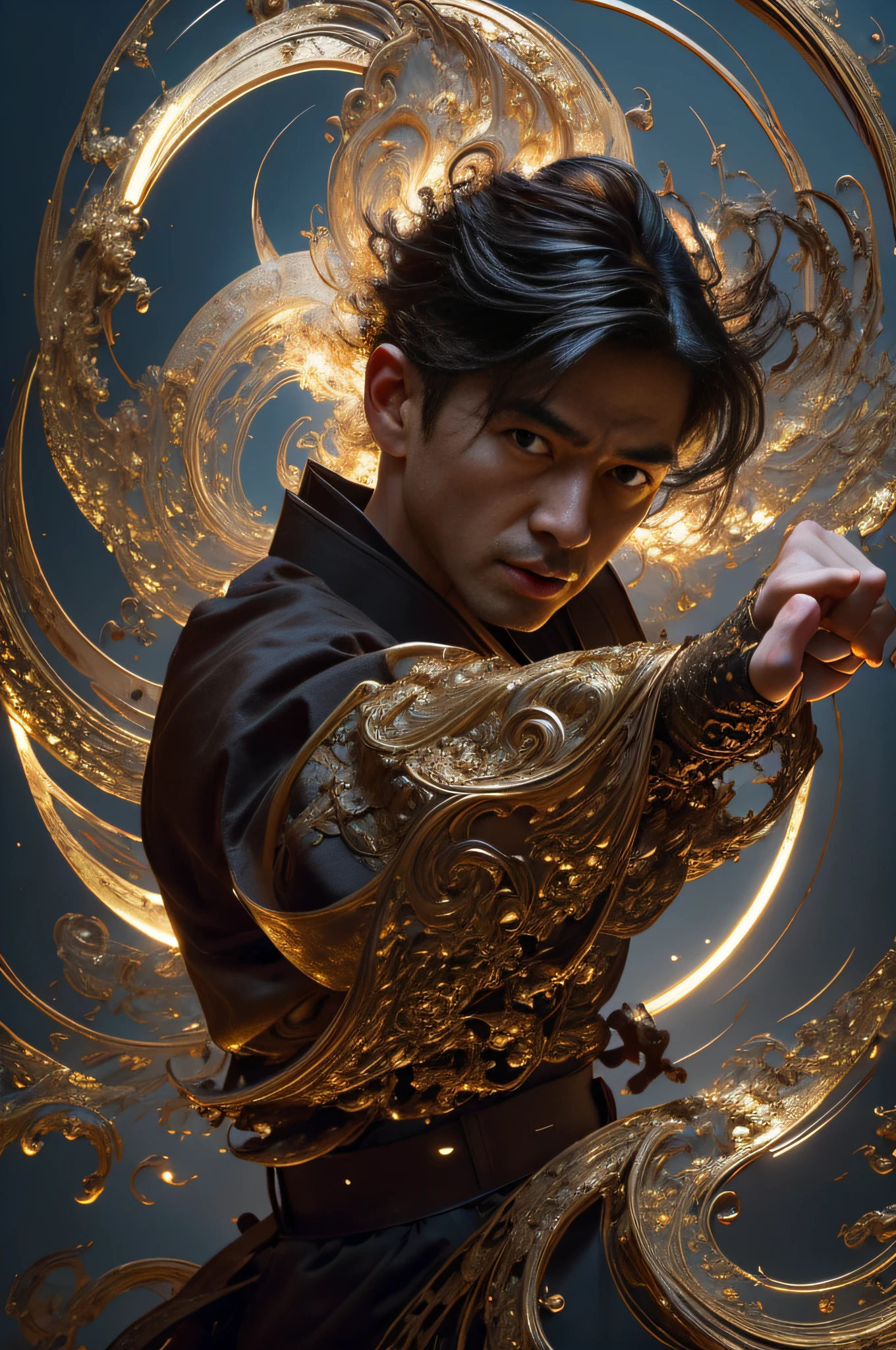 Best Quality, Masterpiece, Ultra High Resolution, (Realistic: 1.4), Xiuxian, Weapon, Detailed Face, .1 Boy, Solo, Weapon, , (Magic Circle: 1.2), Xiuxian, Upper Body, Sheath, (Absurd, High Resolution, Ultra Detailed), Asian, 1 male, eighteen-year-old boy, handsome, tall muscular man, broad shoulders, very short hair, bottom cut, dark brown eyes, fine eyes and detailed face, extremely detailed CG Unity 8k wallpaper, intricate details, (style swirl magic: 0.7), looking at the audience, solo, (full body: 0.8), detailed background, detailed face, hair fluttering in the wind, martial artist, dynamic pose, fighting stance, clenched fist, fingerless gloves, wristband, dragon theme costume, monk robe, alpine mountain background, rotating floating particles, dynamic composition, hanfu, jinshan, jinshan background, jinshan, golden water, golden water flowing, big muscles