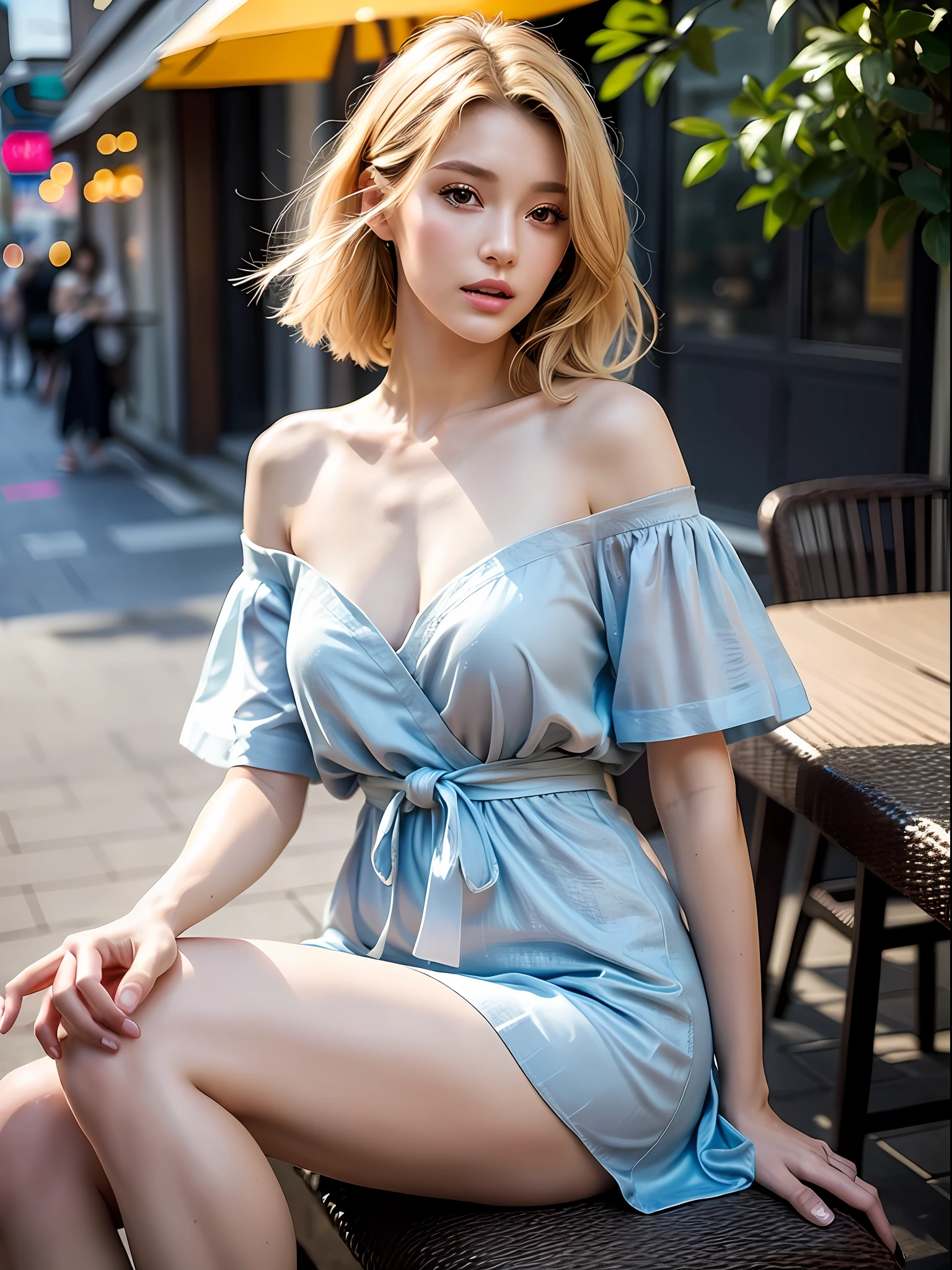 Sitting on the terrace of a café with New York atmosphere, shot in natural light from morning to noon, hairstyle and fashion style according to the Japan trend of 2023, realistic, lifelike, super detailed, beautiful face, 30s, actress, Japan half model, elaborate CG Unity 8K, model is slender, cute, and also mature. The hairstyle is below the shoulder length and fluttering in the wind according to the fashion of the Japan of 2023, delicate skin type, fine details and softness of hair, camera angle is from the waist up, the model's hair color is slightly bright and soft, makeup should emphasize bright lips and eye-catching mascara, and style it naturally and lightly. For your fashion style, choose short-sleeved clothes with little exposure that match the summer trends of 2023 and use pale pastel colors to express a sense of relaxation. The model is sitting at a table on the terrace and posing for pulling up her hair with her hands from a side angle.
