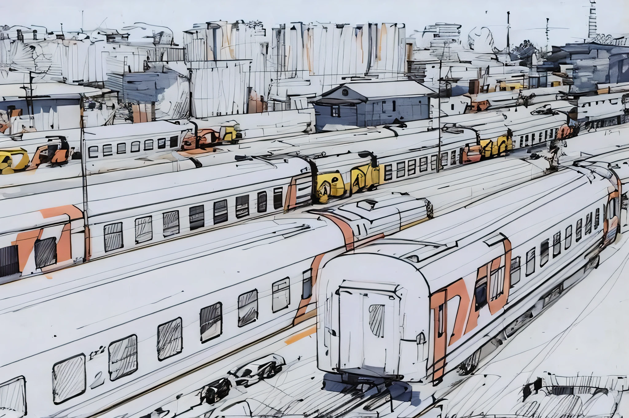 sketch, sketch, pen_sketch_style, there is a landscape of cars standing on the tracks, many cars, cars in rows, in the background of the city