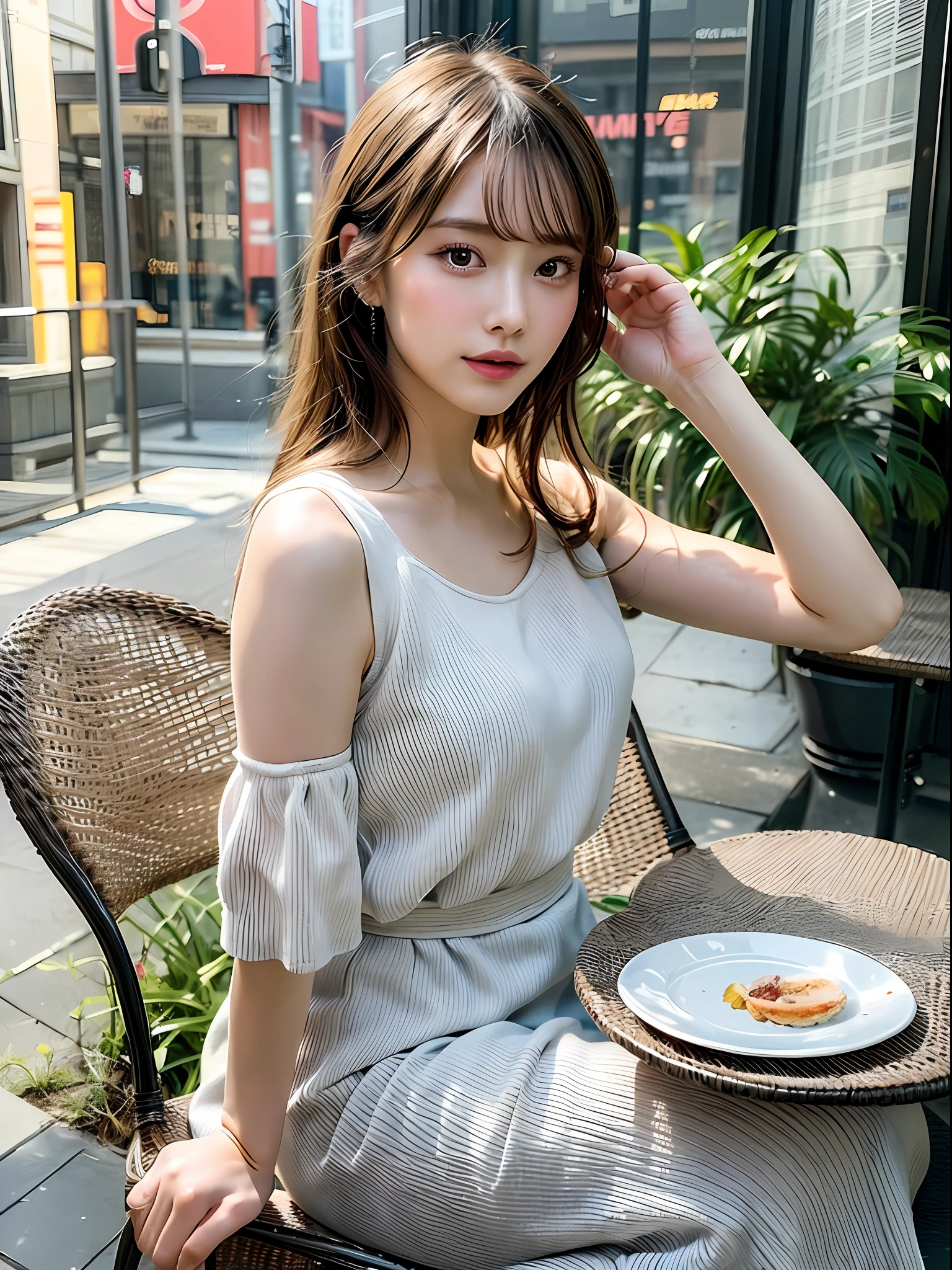 Sitting on the terrace of a café with New York atmosphere, shot in natural light from morning to noon, hairstyle and fashion style according to the Japan trend of 2023, realistic, lifelike, super detailed, beautiful face, 30s, actress, Japan half model, elaborate CG Unity 8K, model is slender, cute, and also mature. The hairstyle is below the shoulder length and fluttering in the wind according to the fashion of the Japan of 2023, delicate skin type, fine details and softness of hair, camera angle is from the waist up, the model's hair color is slightly bright and soft, makeup should emphasize bright lips and eye-catching mascara, and style it naturally and lightly. For your fashion style, choose short-sleeved clothes with little exposure that match the summer trends of 2023 and use pale pastel colors to express a sense of relaxation. The model is sitting at a table on the terrace and posing for pulling up her hair with her hands from a side angle.