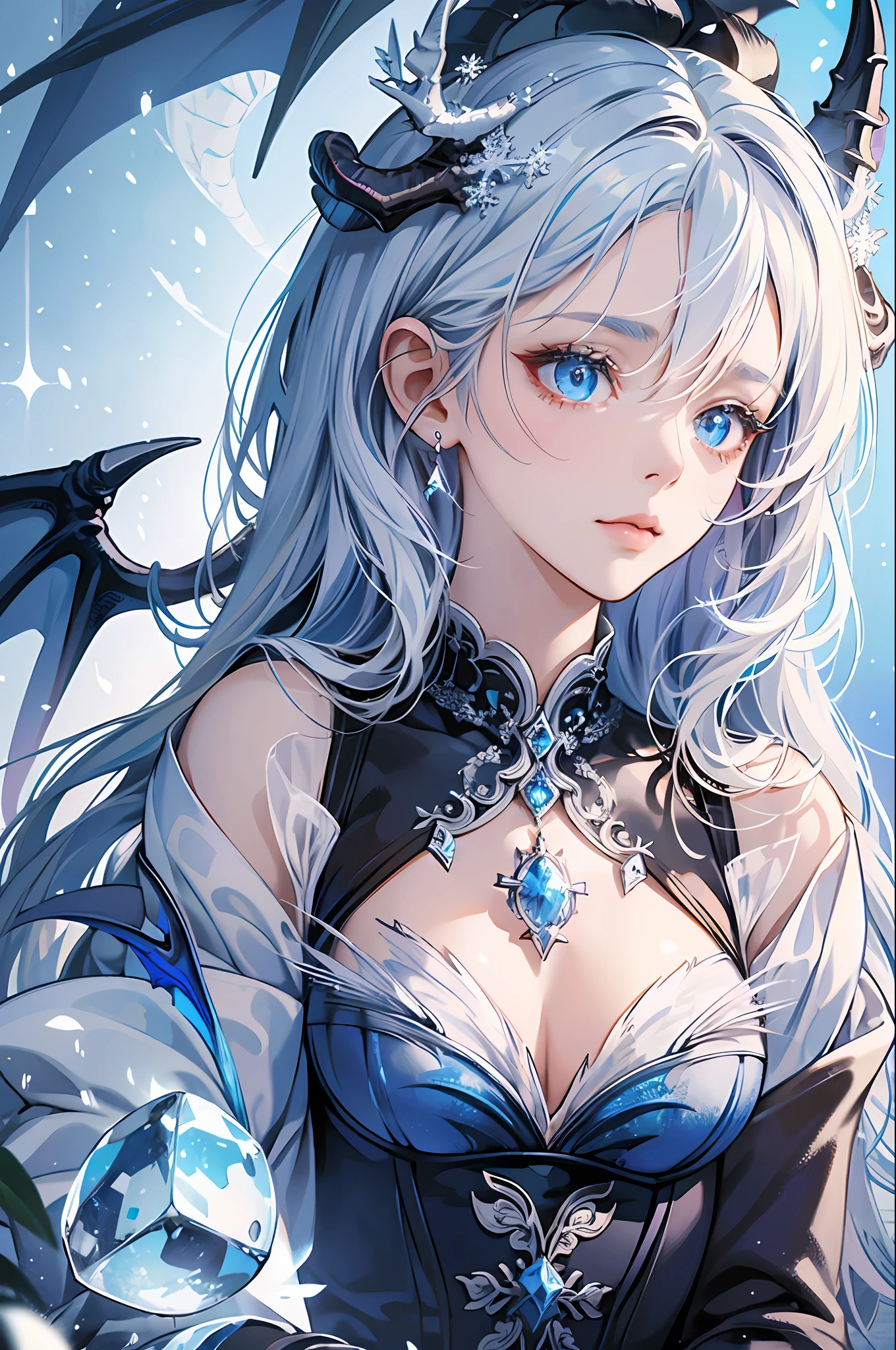 ((best quality)), ((masterpiece)), ((ultra-detailed)), extremely detailed CG, (illustration), ((detailed light)), (an extremely delicate and beautiful), a girl, solo, ((upper body,)), ((cute face)), expressionless, (beautiful detailed eyes), blue dragon eyes, (Vertical pupil:1.2), white hair, shiny hair, colored inner hair, (Dragonwings:1.4), [Armor_dress], blue wings, blue_hair ornament, ice adorns hair, [dragon horn], depth of field, [ice crystal], (snowflake), [loli], [[[[[Jokul]]]] --auto --s2