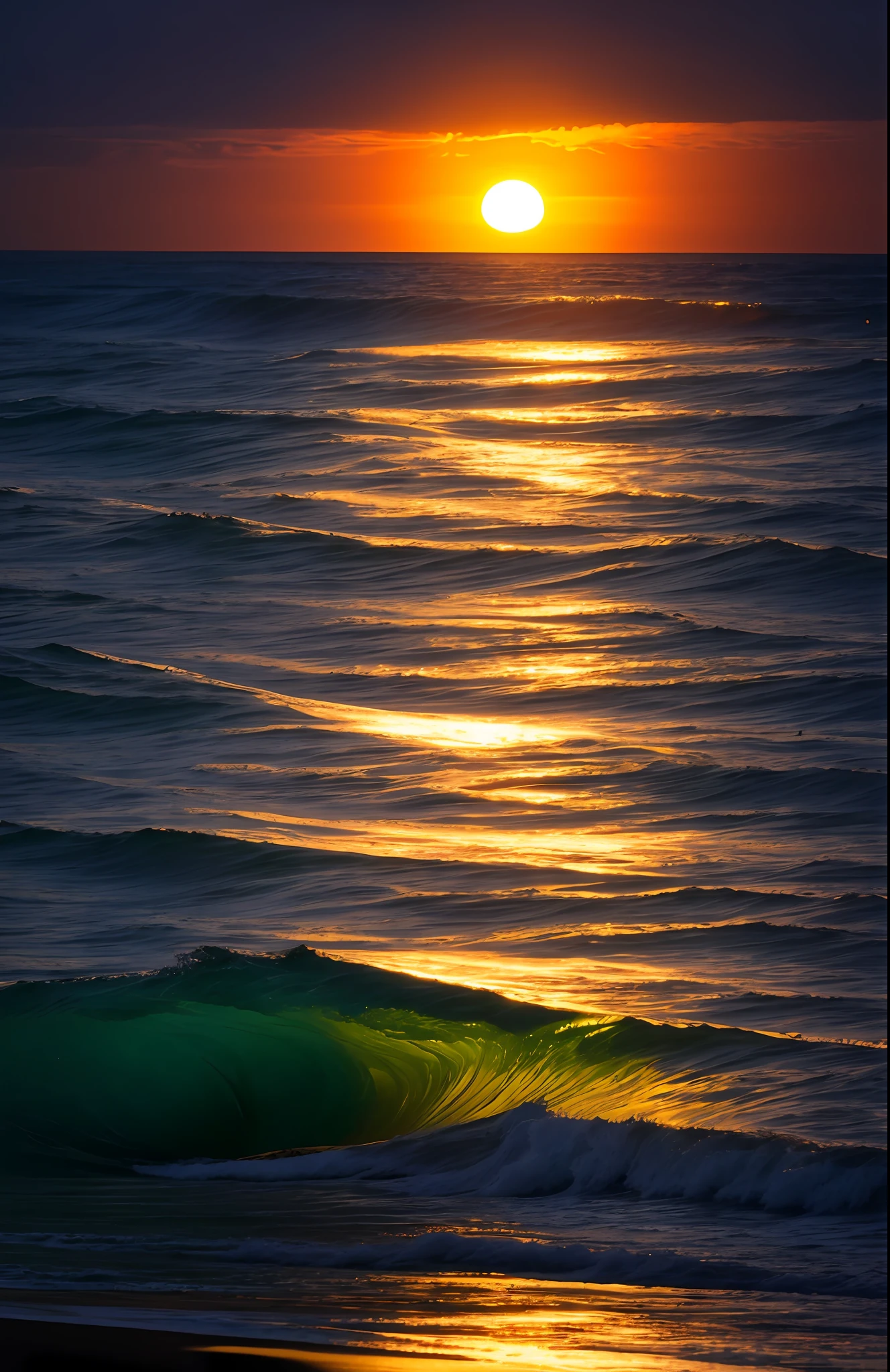 Aradit view of ocean sunset with waves, calm waves, tall backlit waves, glowing reflections, water reflecting sunlight, stunning waves, beautiful oceans, amazing light reflections, beautiful waves in the sea, refracted moon on the ocean, waves, waves, wave water, azure water waves, ocean waves, amazing sunset, ocean in moonlight, beautiful sunset glow, stunning sunset glow