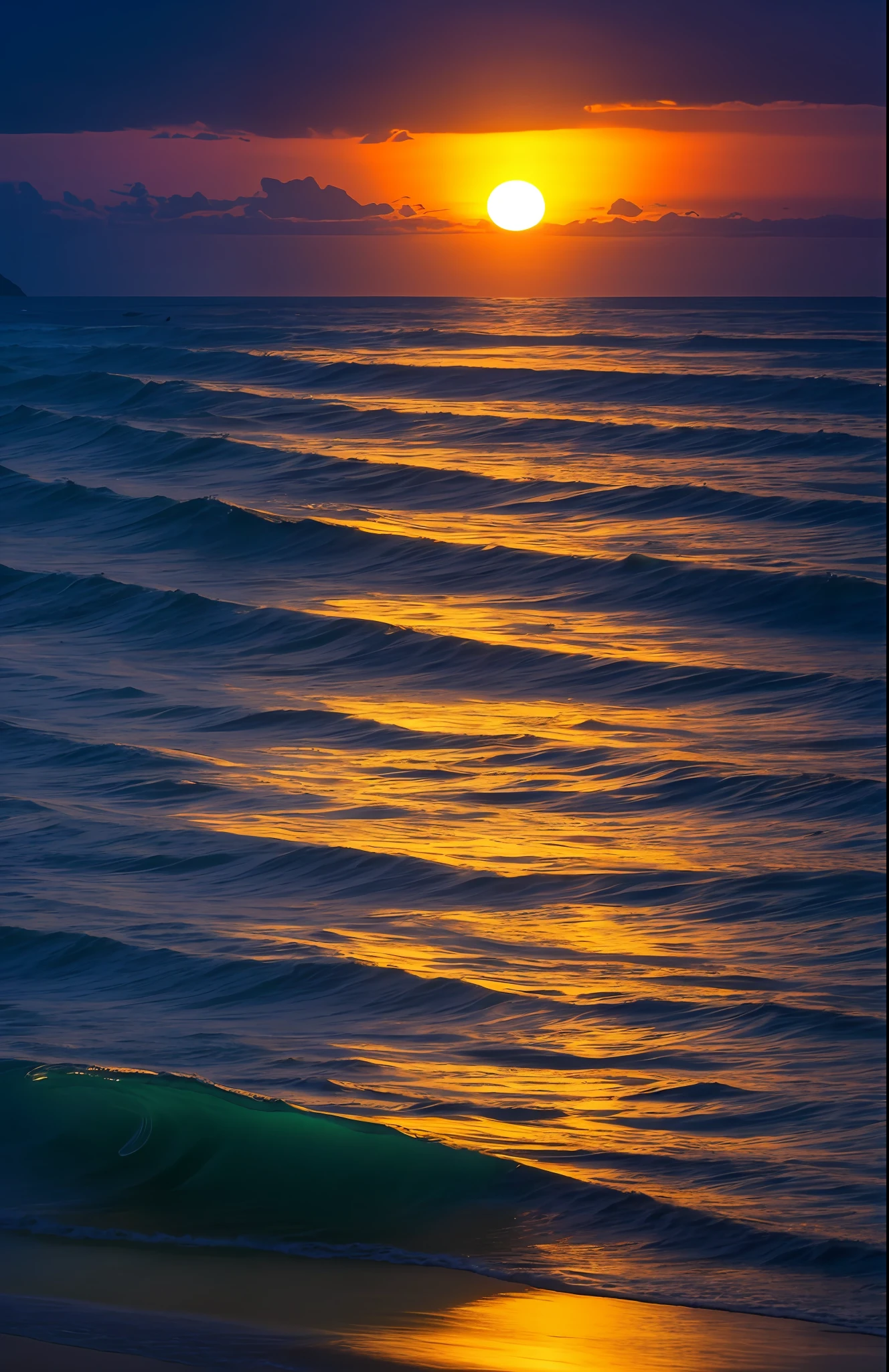 Aradit view of ocean sunset with waves, calm waves, tall backlit waves, glowing reflections, water reflecting sunlight, stunning waves, beautiful oceans, amazing light reflections, beautiful waves in the sea, refracted moon on the ocean, waves, waves, wave water, azure water waves, ocean waves, amazing sunset, ocean in moonlight, beautiful sunset glow, stunning sunset glow
