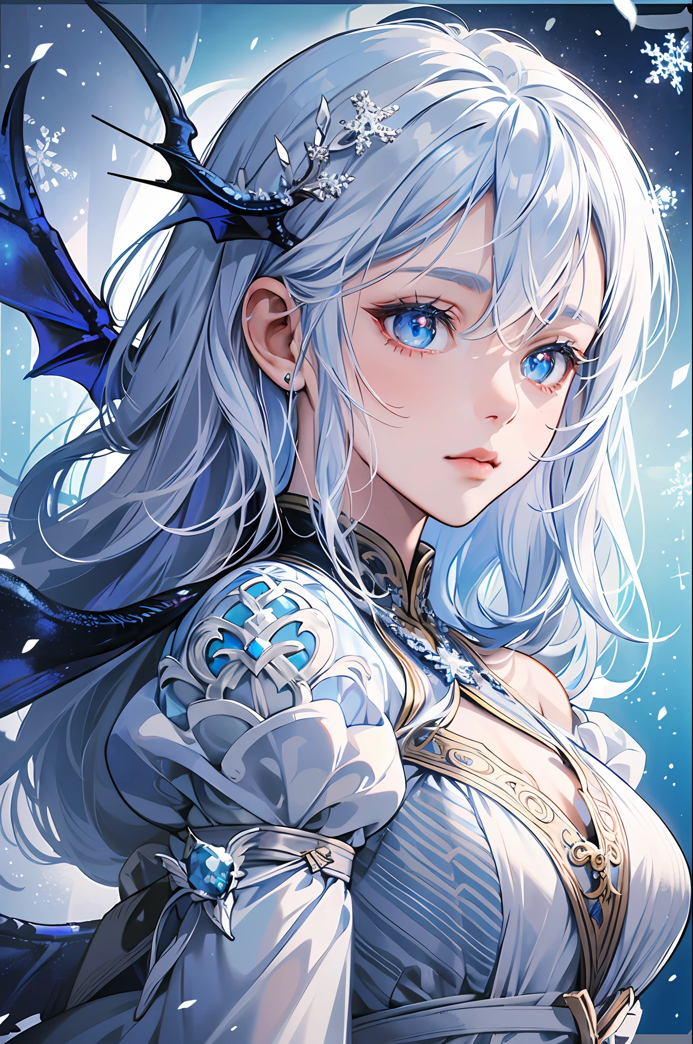 ((best quality)), ((masterpiece)), ((ultra-detailed)), extremely detailed CG, (illustration), ((detailed light)), (an extremely delicate and beautiful), a girl, solo, ((upper body,)), ((cute face)), expressionless, (beautiful detailed eyes), blue dragon eyes, (Vertical pupil:1.2), white hair, shiny hair, colored inner hair, (Dragonwings:1.4), [Armor_dress], blue wings, blue_hair ornament, ice adorns hair, [dragon horn], depth of field, [ice crystal], (snowflake), [], [[[[[Jokul]]]] --auto --s2