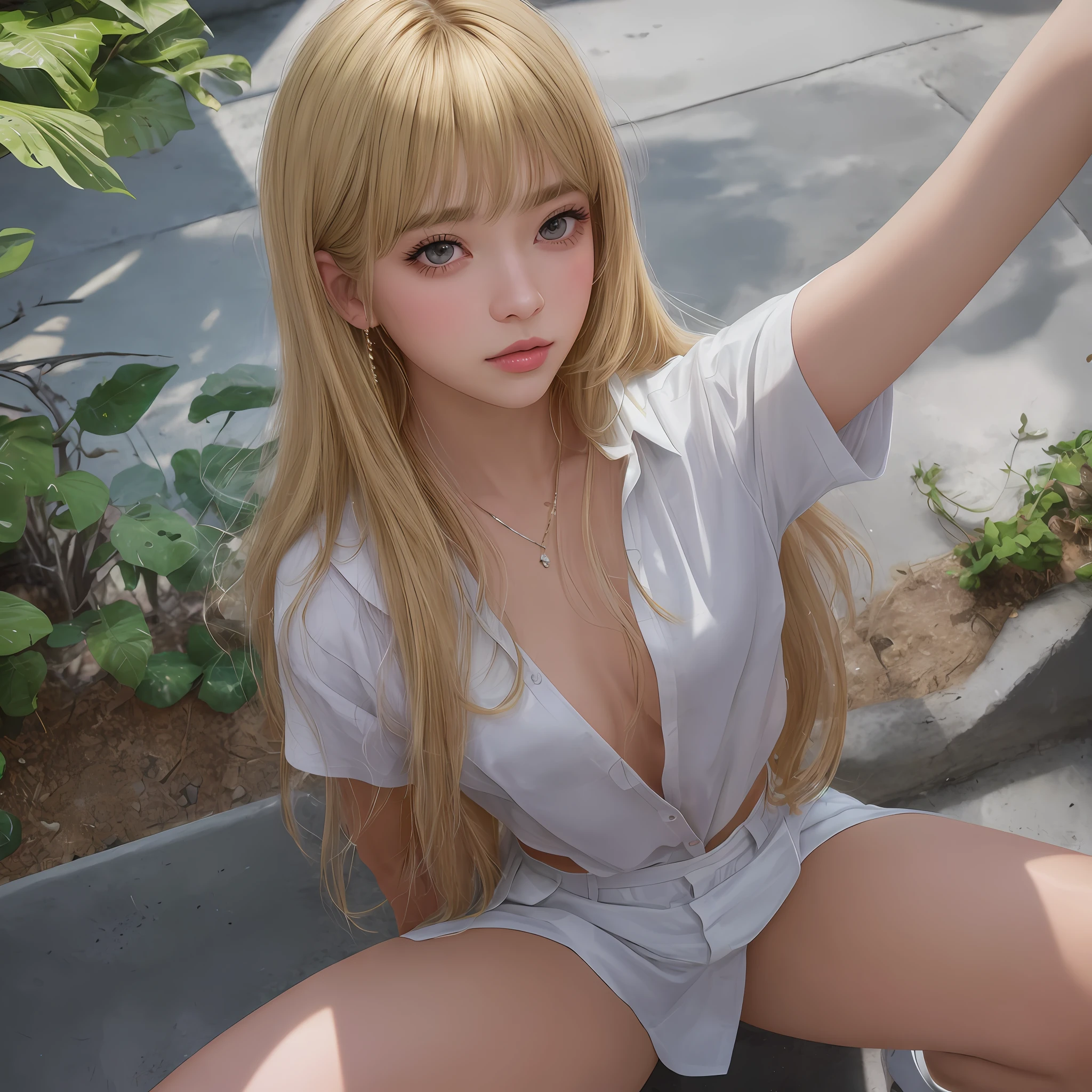 8k, RAW photos, photorealism: 1.25), (lip gloss, eyelashes, shiny face, shiny skin, top quality, ultra high resolution, depth of field, chromatic aberration, caustics, wide lighting, natural shading) Watch the viewer with a calm, goddess-like euphoria, No underwear, spread legs, squat, stairs, school uniform, 14 years old, medium hair, blonde hair