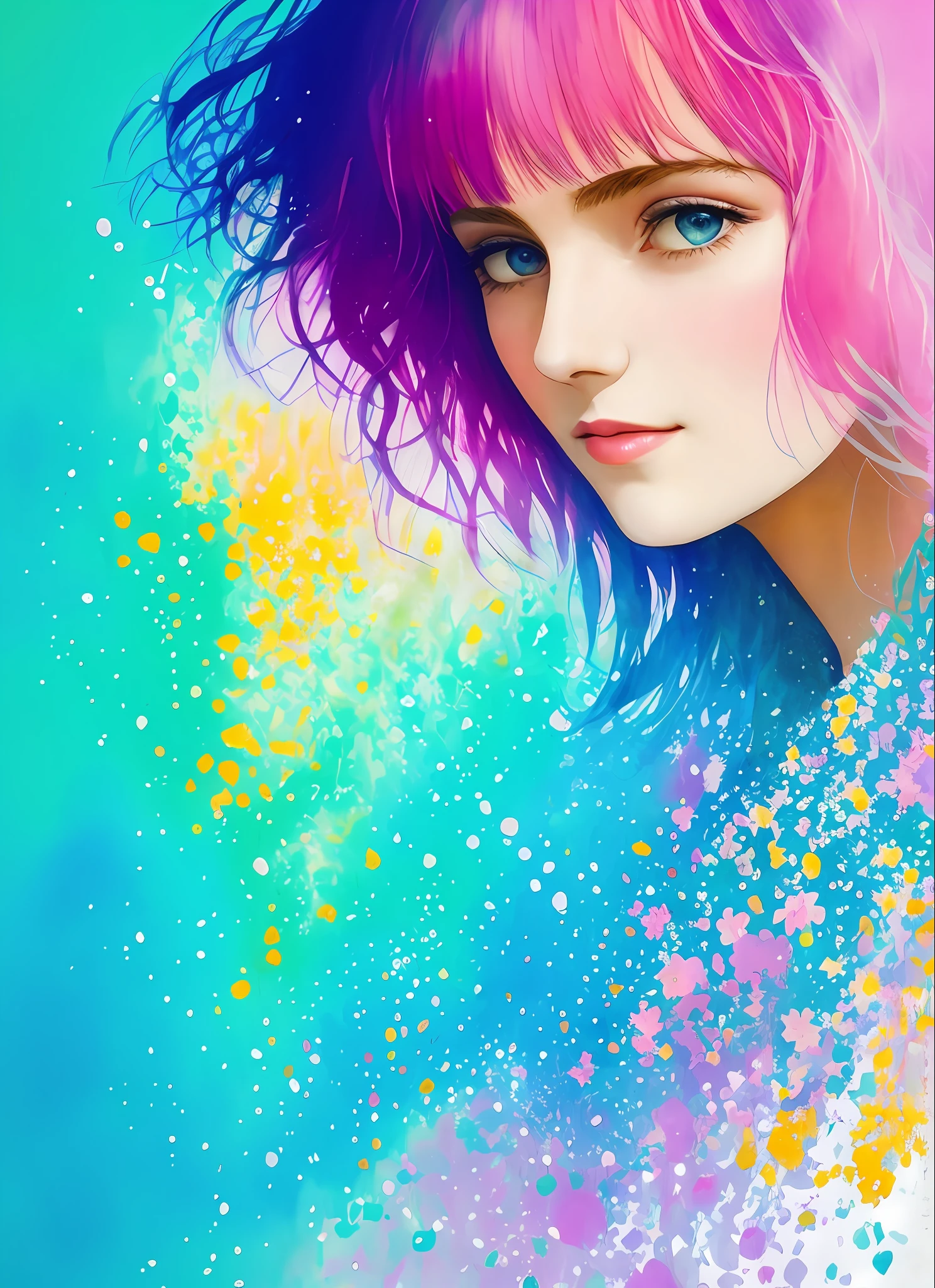 Agnes Cecil woman, bright design, pastel colors, ink drops, spring light