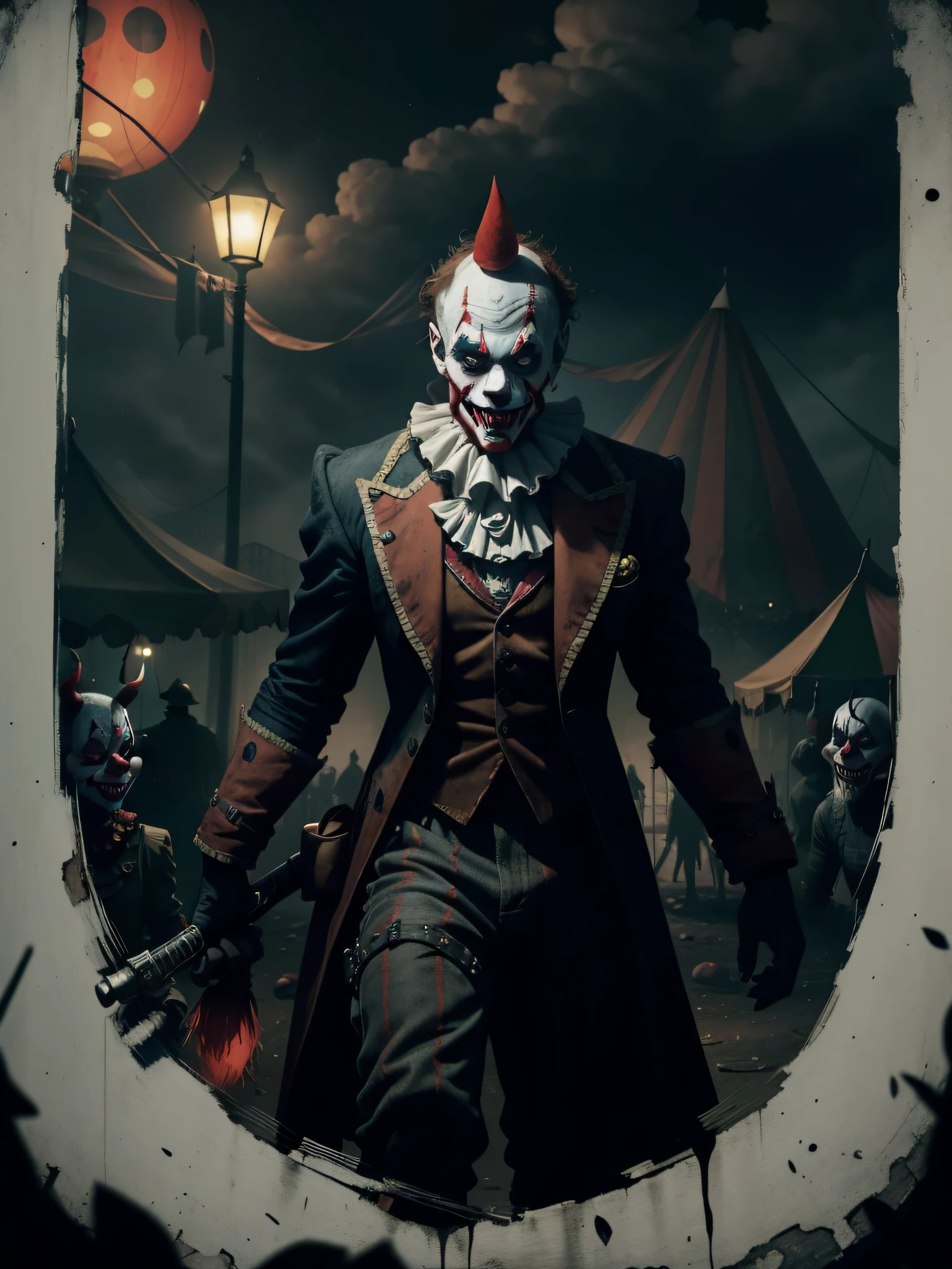A dimly lit, abandoned carnival at night, with dilapidated rides and empty tents. Sinister, killer clowns with twisted grins and menacing eyes roam the grounds, wielding sharp weapons and clown-themed gadgets. The atmosphere is filled with a chilling sense of dread as flickering carnival lights cast eerie shadows. The moon, partially obscured by dark clouds, adds an ominous backdrop to the scene. The protagonists, armed with specialized anti-clown weaponry, stand defiantly against the horde of sinister jesters, ready to engage in an intense battle for survival. This image captures the thrilling and macabre nature of the game, immersing players in a world of twisted circus horror.