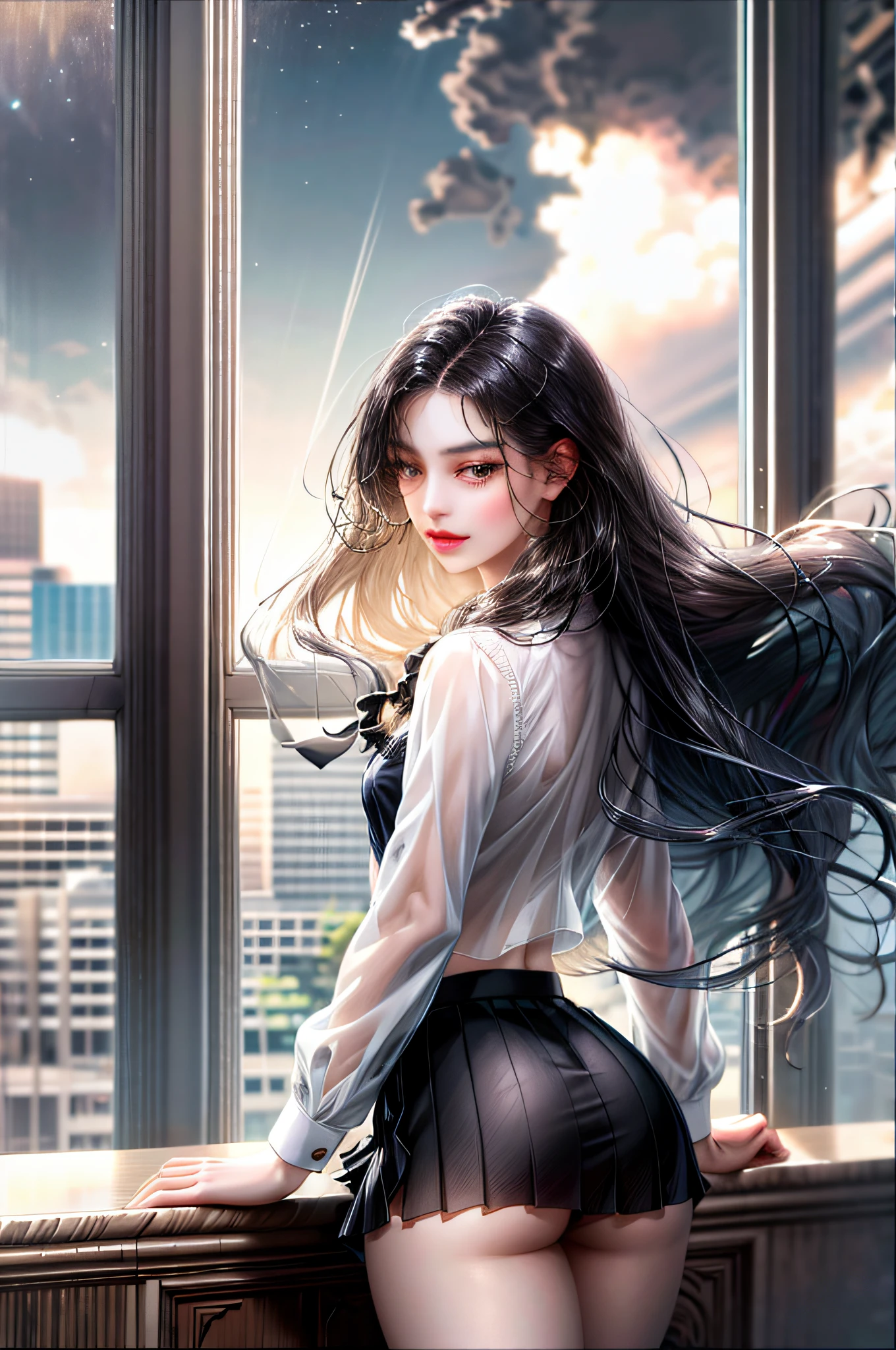 Girl with long straight black hair and brown eyes, beautiful, thin, flat, tall, may be wearing a businessman's uniform, one with long hair, the other with short women, ((white sheer blouse, black mini skirt)), underwear bitten, sexy pose, lower body slender, back figure, gaze by the window, buttocks sticking out, on all fours, buttocks facing away, provocative