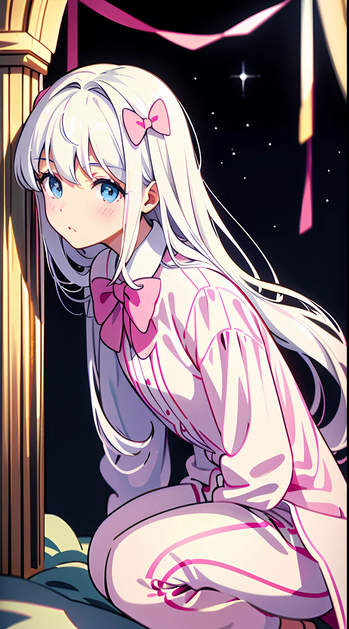 Masterpiece, best quality, super detailed, illustration, medium view, beautiful detailed eyes, close up, a girl. It is white hair, pink bow, white pajamas. Crouching on the ground, clothes on the face,