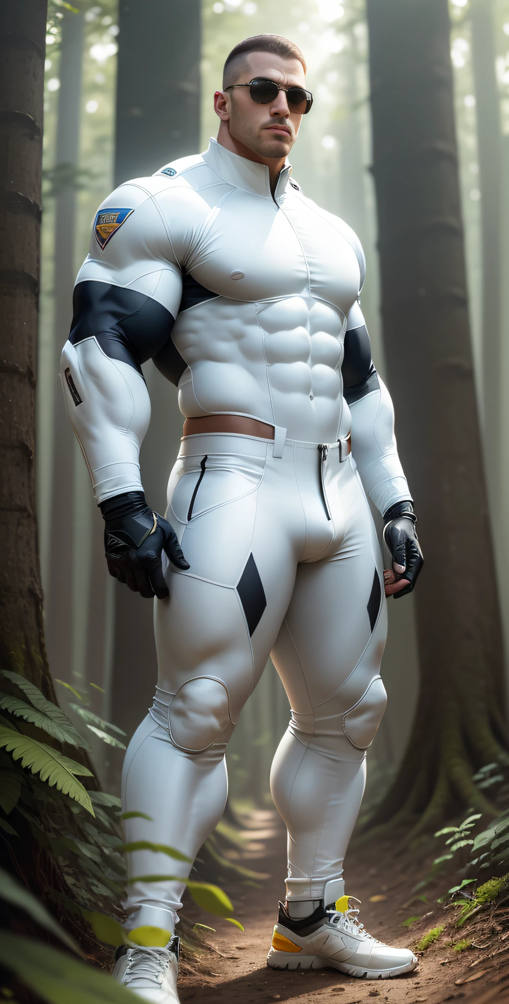 Man in off-white clothes standing in sunny forest, American round head, Buzz cut, national character face, tall and burly, muscular male hero, heroic male pose, muscular! Wearing sunglasses, skins brand white stealth suit, super buff and cool, high resolution committee, character design police, sneakers, charismatic strong male with armor, sunlight shining through the gaps in the woods