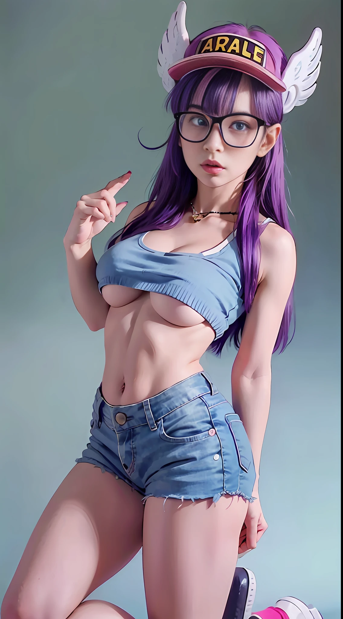 Beautiful girl, full body, ((Arale)),(top quality), ((wing hat,glasses)), (biggest blue eyes ever:1.4), long hair,purple hair,beautiful studio soft light, vibrant details, elegant, beautiful background, best quality, masterpiece, illustration, an extremely delicate and beautiful, extremely detailed, deep cleavage, sexy look, blue denim short, standing, perfect ass, slim body, narrow waist, tinyest midriff ever, belly button showing, crop top and strong abs, wearing a sexy cropped loose shirt, sfw, visible through the top, ((nipple)) erect under the clothes, (extra-fine clothing material),(nipple_outline), ((sfw)), view from below, black footwear