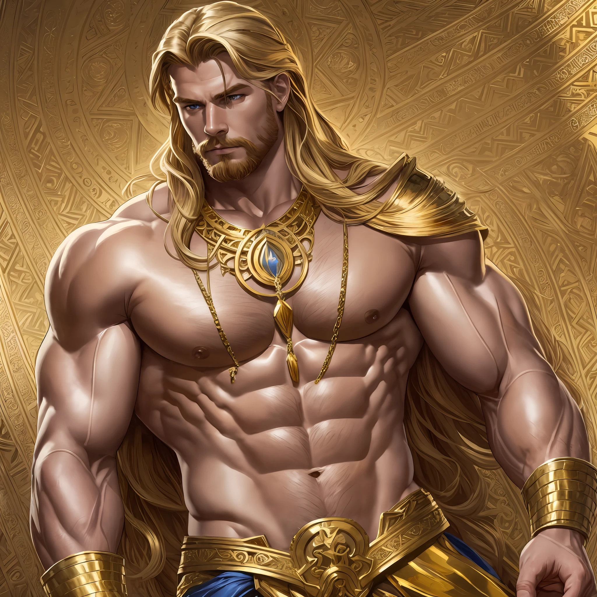 Digital painting, artistic high quality, gold-colored hair, strong pectoral muscles, thick muscles, mythical image - Thor, dreamy elegance, sharp focus, gold jewelry, gold textiles, gaston Busscheler and Alphonse Mucha. --auto --s2