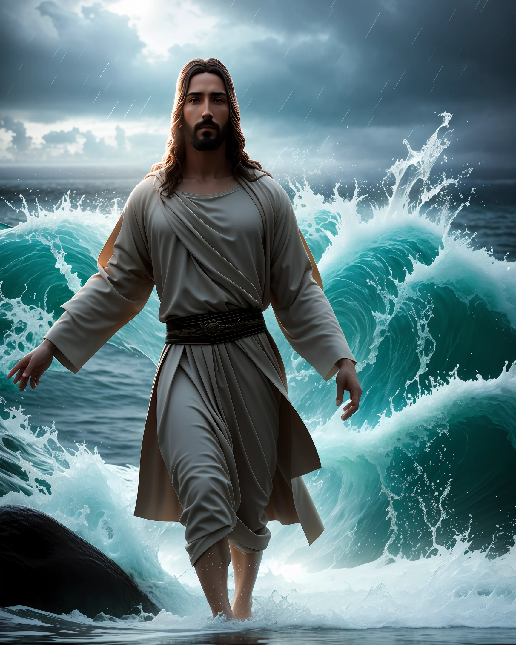 jesus walking on water in a storm, masterpiece, best quality, high quality, extremely detailed CG unit 8k wallpaper, award winning photography, Bokeh, Depth of Field, HDR, bloom, Chromatic aberration, photorealistic, extremely detailed, trending on artstation, trending on CGsociety, intricate, high detail, dramatic, mid-journey art, volumetric lighting