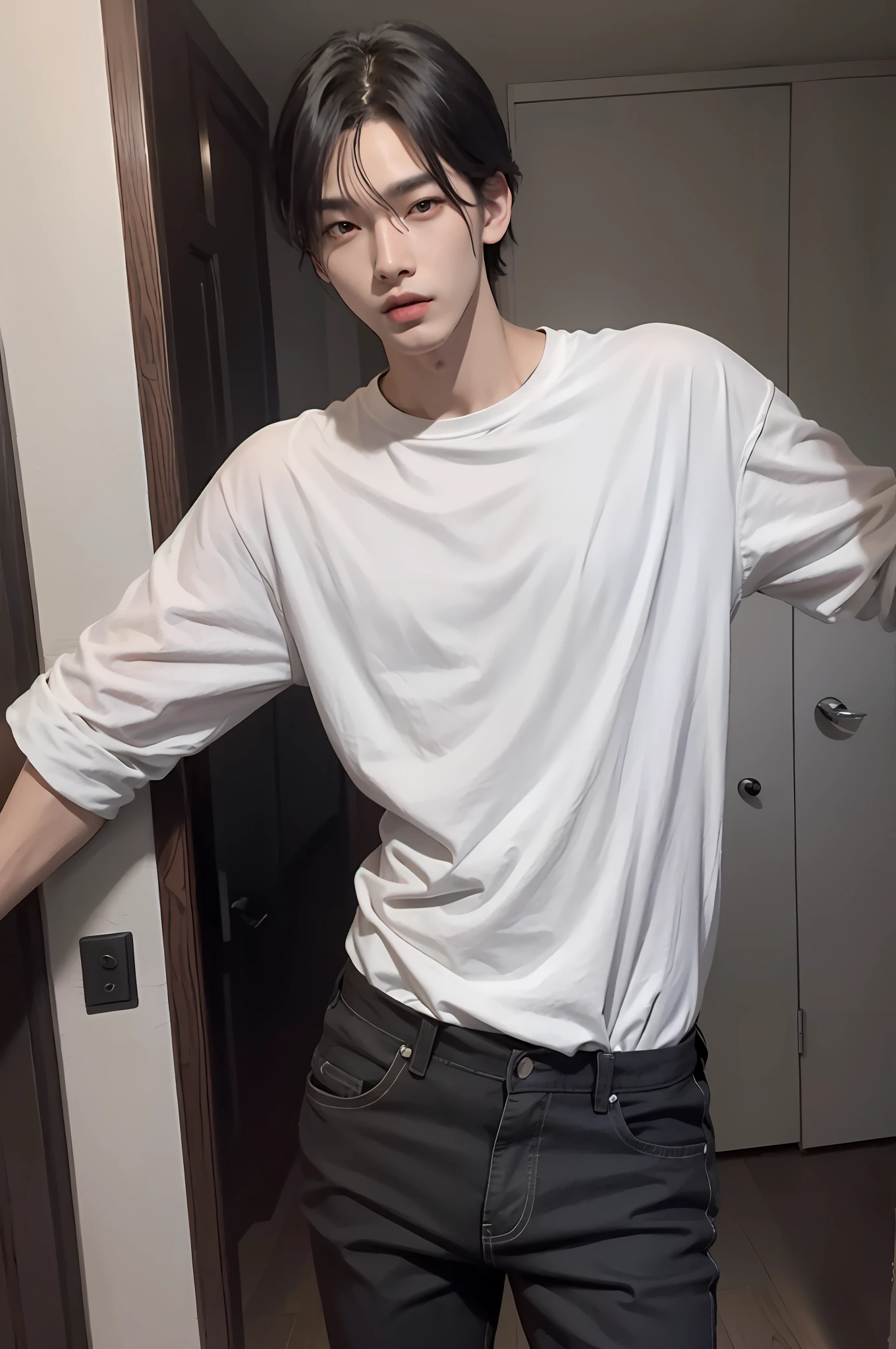 A modern home has opened the front door, (((one boy))), ((the whole body is visible)), he is a man. Far from the viewer. He is beautiful, sexy and young like Korean idol Hyunjin. He is slender, tall and has good style. He has black hair with a parted center. He's looking upwards. He wears a white shirt and black skinny pants.