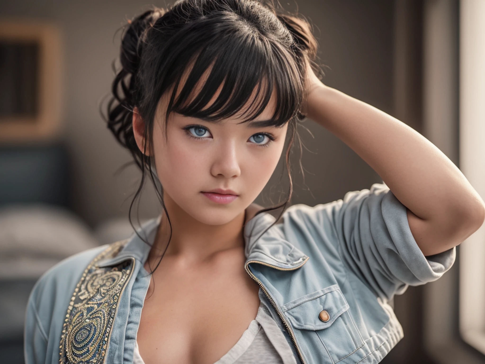 Hinata ultra realistic version, sweaty skin, unbuttoned jacket, inspired by Martin Scholler, reddit, Yayoi Kusuma, blood drops, strange fruits, Yoshitomo Nara, contraception, Yoshitomo Nara, red nose, digital model, Stefan Coidle, bubblegum, björk, tummy, inspired by Yoshitaka, sweaty skin, unbuttoned jacket, very short black lace shorts, big breasts, bluish hair, light gray eyes, white skin, sad look, bedroom with bed and likes, Sony R7 camera f1.6 lens, extremely detailed , fine details, rich colors, human skin texture, realistic hyper realistic, dramatic lighting, cinestill 800 tungsten, looking at viewer, realistic photo, RAW photo, TanvirTamim, high quality, high resolution, sharp focus, extremely detailed, cinematic lighting , 8k uhd
