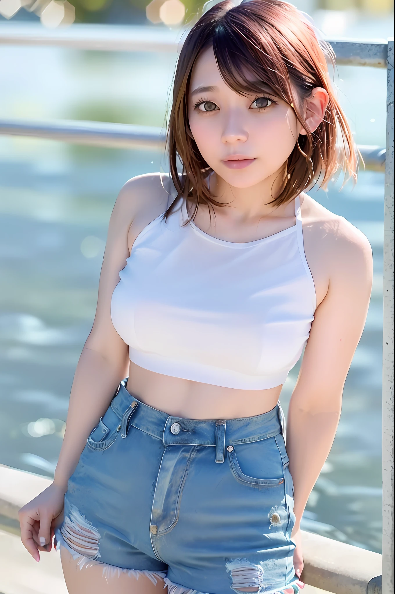 japanese, azusa, (skin blemish:1), black eye, 1woman, 25yo, (((woman))), solo, realistic, best quality, photorealistic, masterpiece, 8k, high res, solo, extremely detailed face, (professional lighting, bokeh), (light particles, lens flare, glowing particles:0.6), (dynamic pose:1.2), soft lighting, top angle view, fashionable and trendy atmosphere, japan, street, tokyo, city, ((daytime)), ((looking at the viewer)), (looking at the camera),(portrait:0.6), cowboy shot, gorgeous, standing, keep original facial proportion, wide shoulder, full body, (medium breast), (medium hair), brown hair, floating hair, lips, lipstick, seductive smile, floating hair, smile, (tshirt), (short jeans),