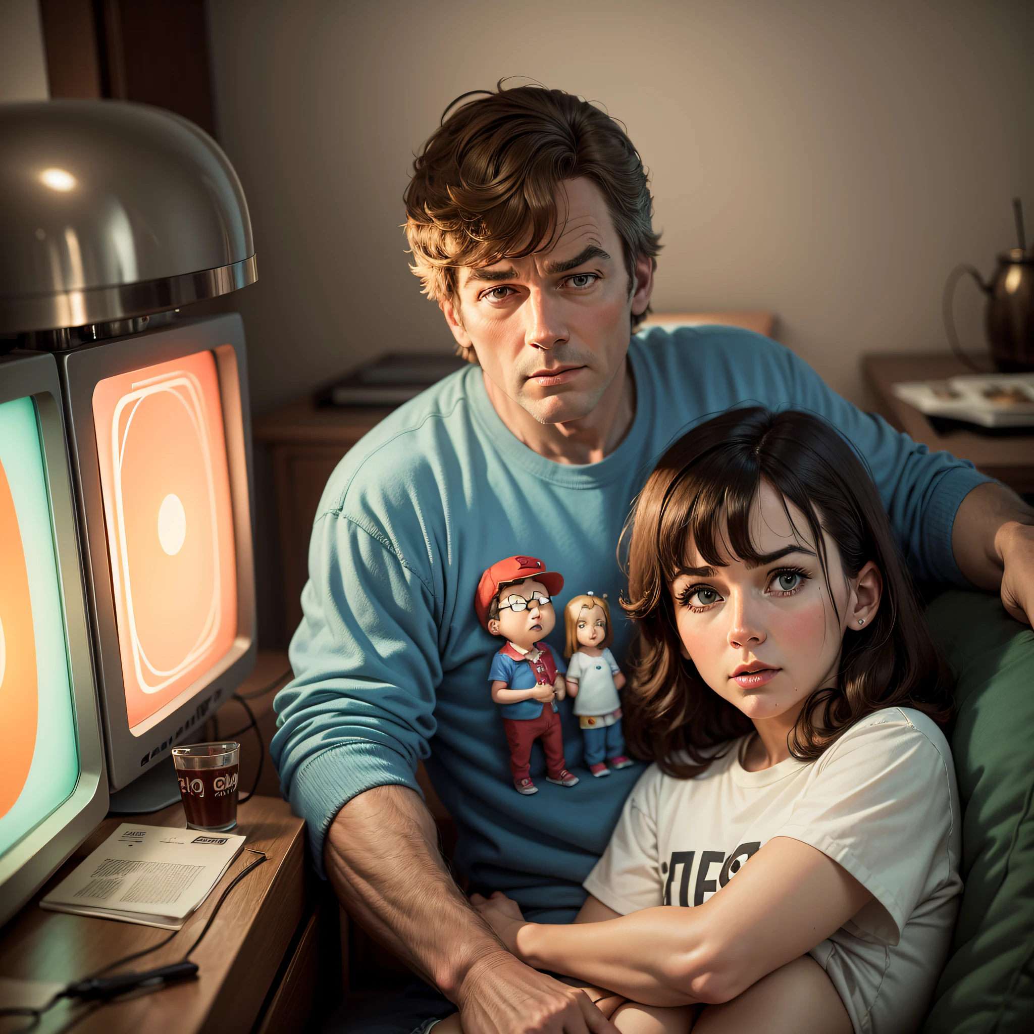 Family guy watching TV in the 60s, idiotized, drooling, realistic, details of the time, Conceptual art, cinematic lighting, f/1.8, 16k --auto --s2