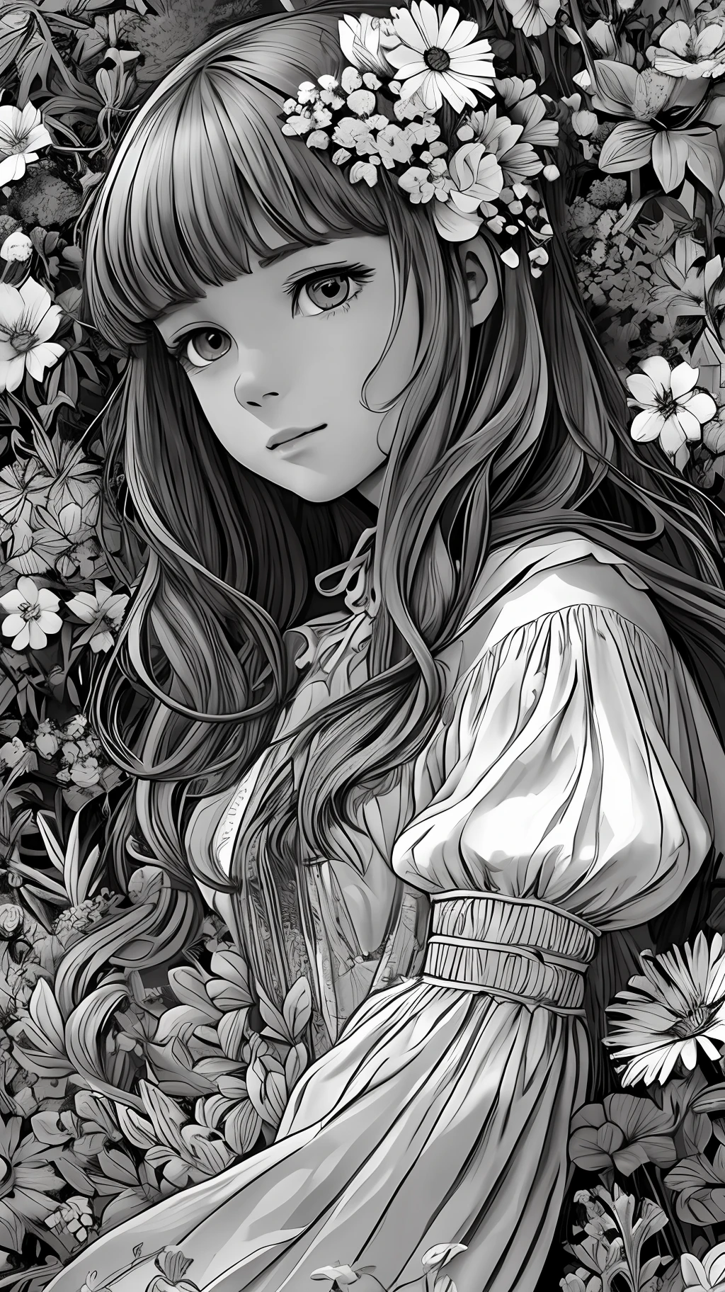 A beautiful nine-year-old princess, in a garden of varied flowers, lineart style (no colors) --auto --s2
