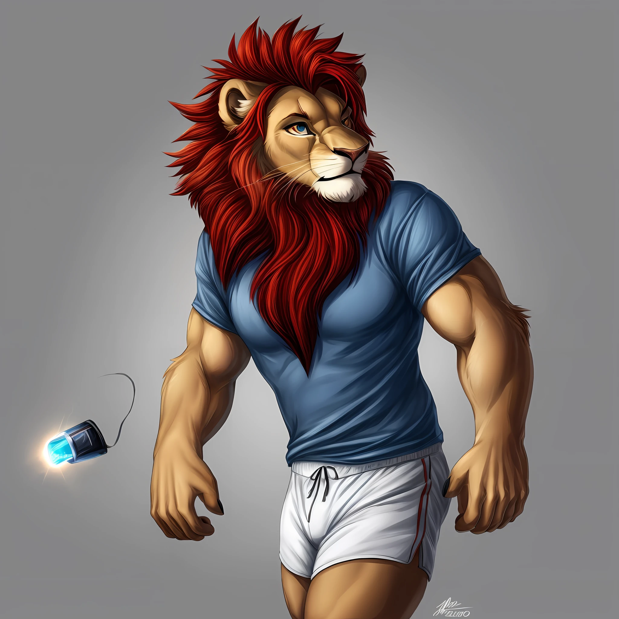 "Male lion antro with light gray fur, lighter snout and short red mane. The blue irises shine in the eyes of the shaped creature, whose anatomy is presented with the utmost precision. The lion projects a type, he's alone, wearing a blue shirt and white shorts."