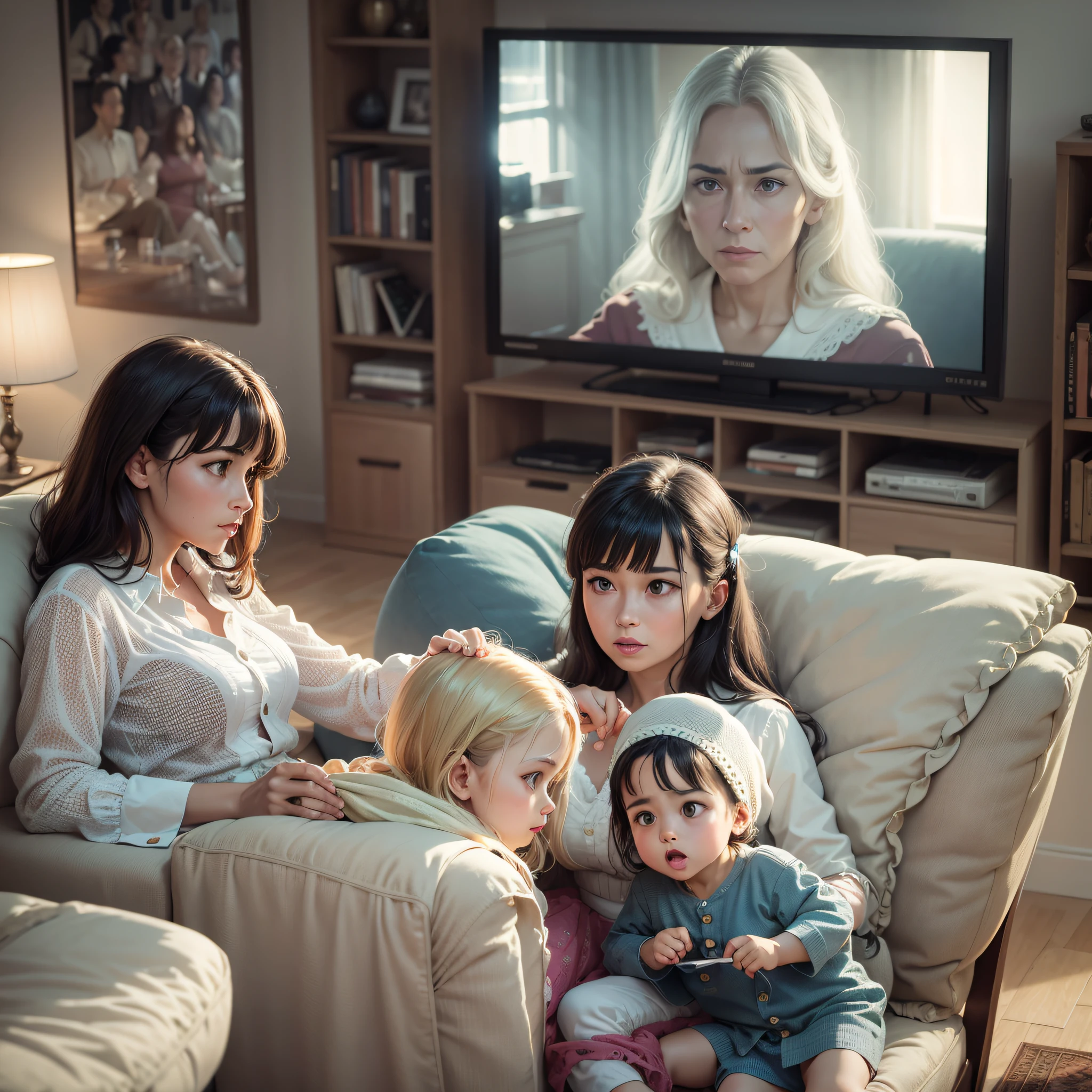 "Family in trance watching television in the 60s in high quality, realistic and detailed, with elements of the time; cinematic lighting, f/1.8 technique and 16K resolution." --auto --s2