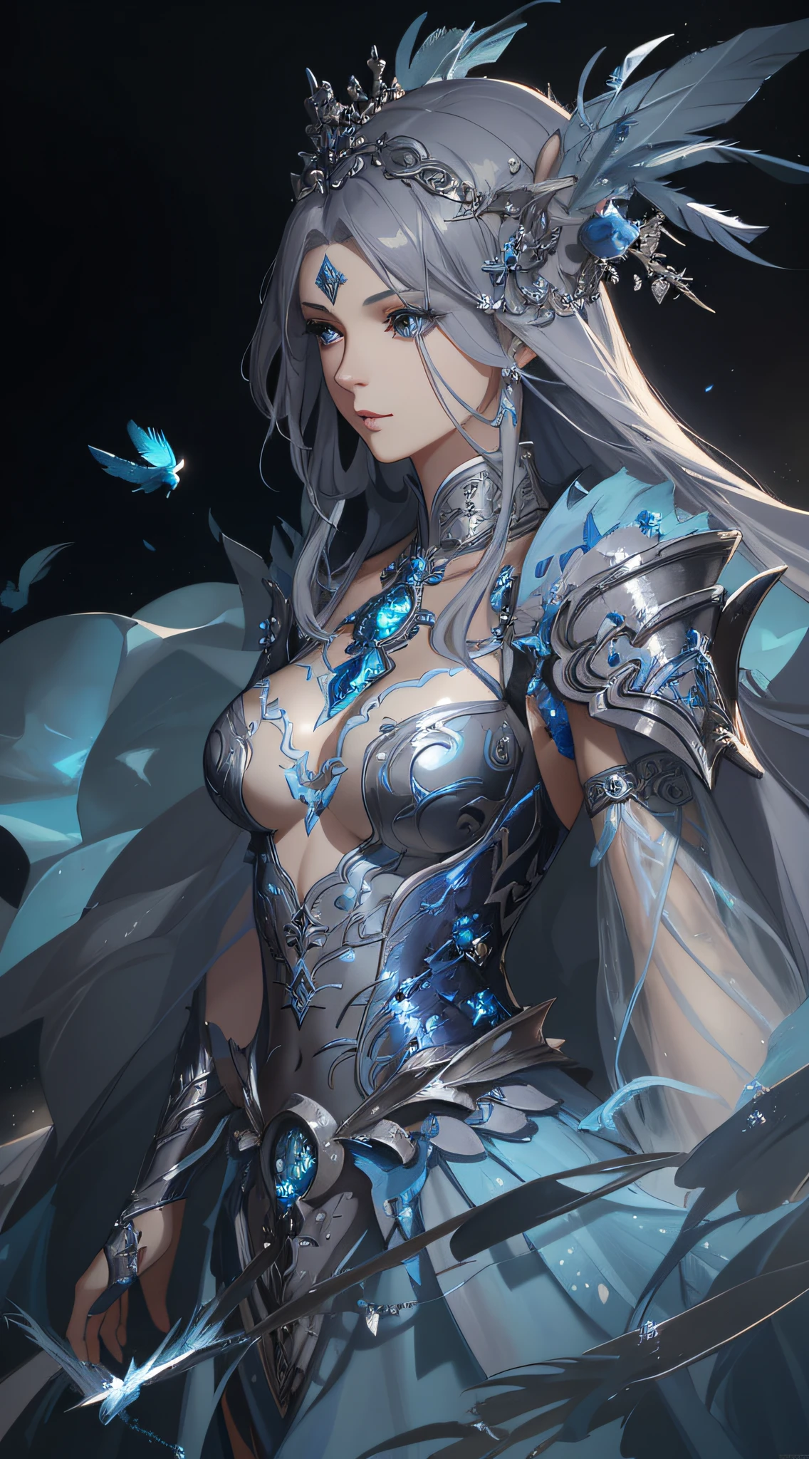 a close up of a woman in a silver dress with blue feathers, epic exquisite character art, detailed fantasy art, stunning character art, chengwei pan on artstation, detailed fantasy digital art, 2. 5 d cgi anime fantasy artwork, detailed digital 2d fantasy art, by Yang J, fanart best artstation, digital fantasy art ), beautiful character painting, pale blue armor