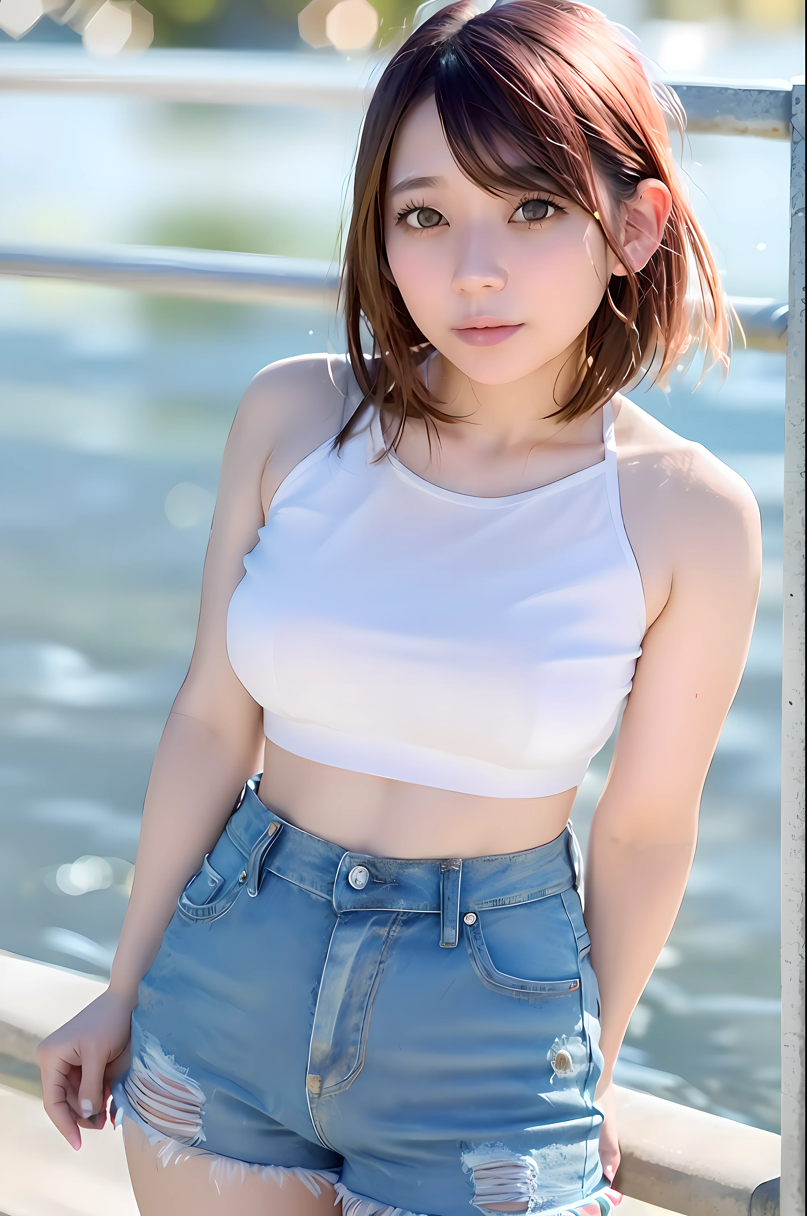 japanese, azusa, (skin blemish:1), black eye, 1woman, 25yo, (((woman))), solo, realistic, best quality, photorealistic, masterpiece, 8k, high res, solo, extremely detailed face, (professional lighting, bokeh), (light particles, lens flare, glowing particles:0.6), (dynamic pose:1.2), soft lighting, top angle view, fashionable and trendy atmosphere, japan, street, tokyo, city, ((daytime)), ((looking at the viewer)), (looking at the camera),(portrait:0.6), cowboy shot, gorgeous, standing, keep original facial proportion, wide shoulder, full body, (medium breast), (medium hair), brown hair, floating hair, lips, lipstick, seductive smile, floating hair, smile, (tshirt), (short jeans),