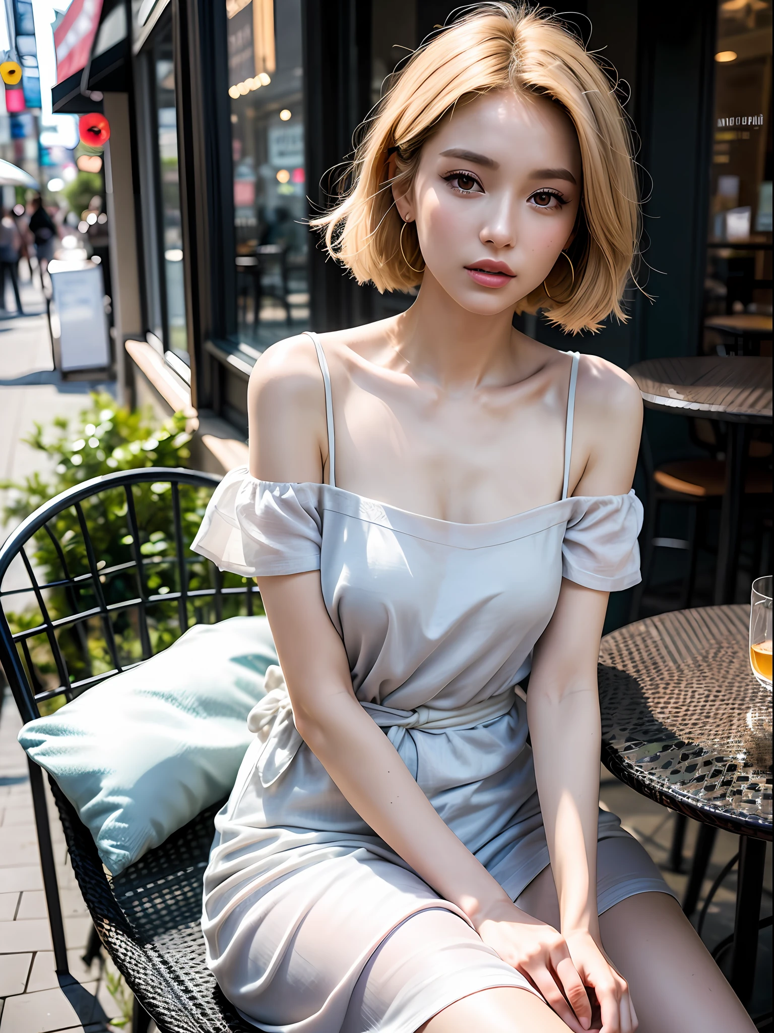 Sitting on the terrace of a café with New York atmosphere, shot in natural light from morning to noon, hairstyle and fashion style according to the Japan trend of 2023, realistic, lifelike, super detailed, beautiful face, 30s, actress, Japan half model, elaborate CG Unity 8K, model is slender, cute, and also mature. The hairstyle is below the shoulder length and fluttering in the wind according to the fashion of the Japan of 2023, delicate skin type, fine details and softness of hair, camera angle is from the waist up, the model's hair color is slightly bright and soft, makeup should emphasize bright lips and eye-catching mascara, and style it naturally and lightly. For your fashion style, choose short-sleeved clothes that are less exposed on the chest that match the summer trends of 2023 and use pale pastel colors to express a sense of relaxation. The model is sitting at a table on the terrace and posing for pulling up her hair with her hands from a side angle.