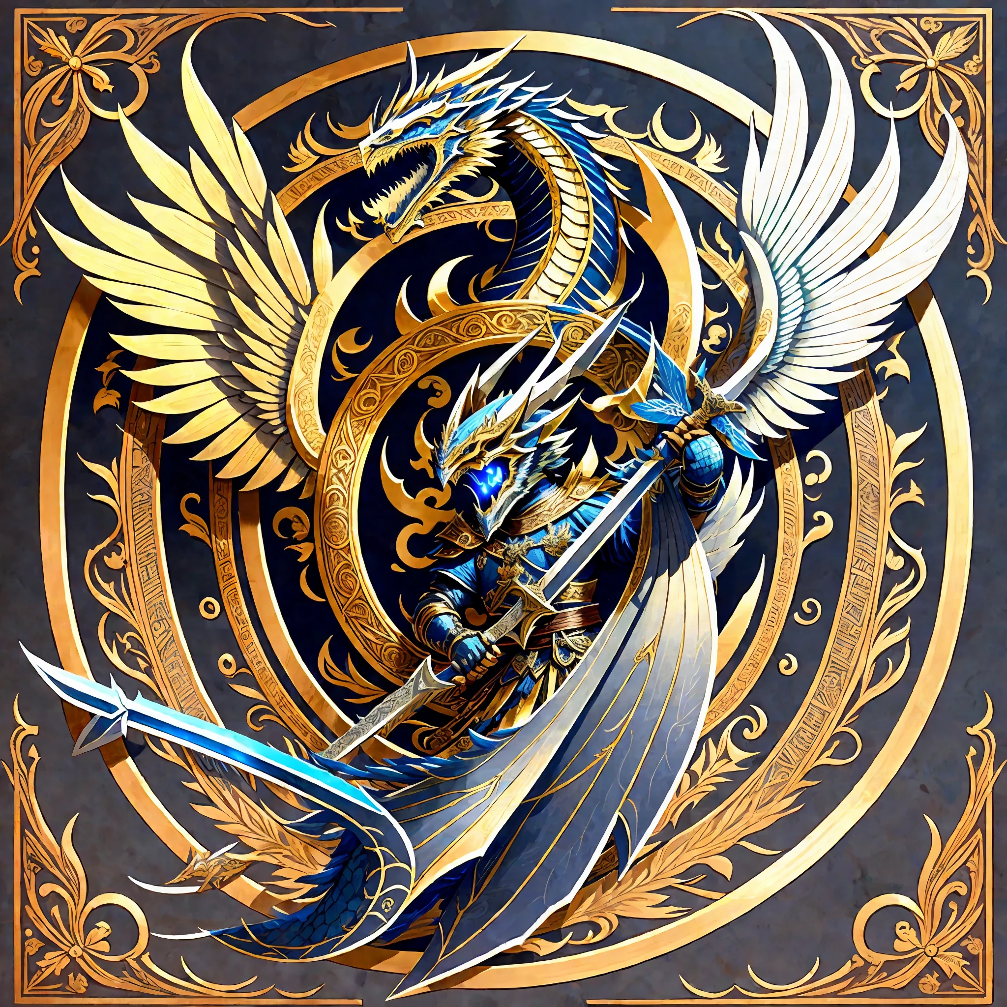 Logo (inscription new era legend), fantasy, detailed, 1: 5, 4kk, swords, spears, dragon, ring, fire, alliance, wings, team, effective, friendship, communication, adventure, --auto --s2