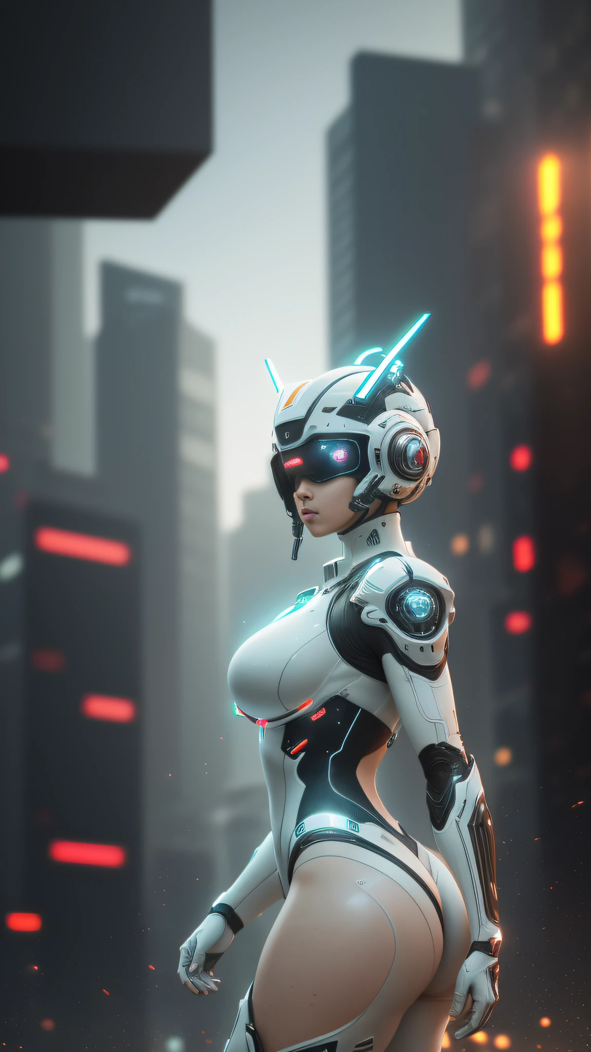 ((best quality)), ((masterpiece)), ((realistic)), (detailed), (photorealistic:1.5), a futuristic girl, (thick body), (white bodysuit), lights on armor, cybernetic headwear, looking at viewer, dynamic pose, post apocalyptic, destroyed city background, buildings on fire, science fiction, hdr, ray tracing, nvidia rtx, super-resolution, unreal 5, subsurface scattering, pbr texturing, post-processing, anisotropic filtering, depth of field, maximum clarity and sharpness, rule of thirds, 8k raw, (luminescent particles:1.4), (extremely detailed cg, unity 8k wallpaper, 3d, cinematic lighting, lens flare), reflections, sharp focus, cyberpunk art, cyberpunk architecture, --auto --s2