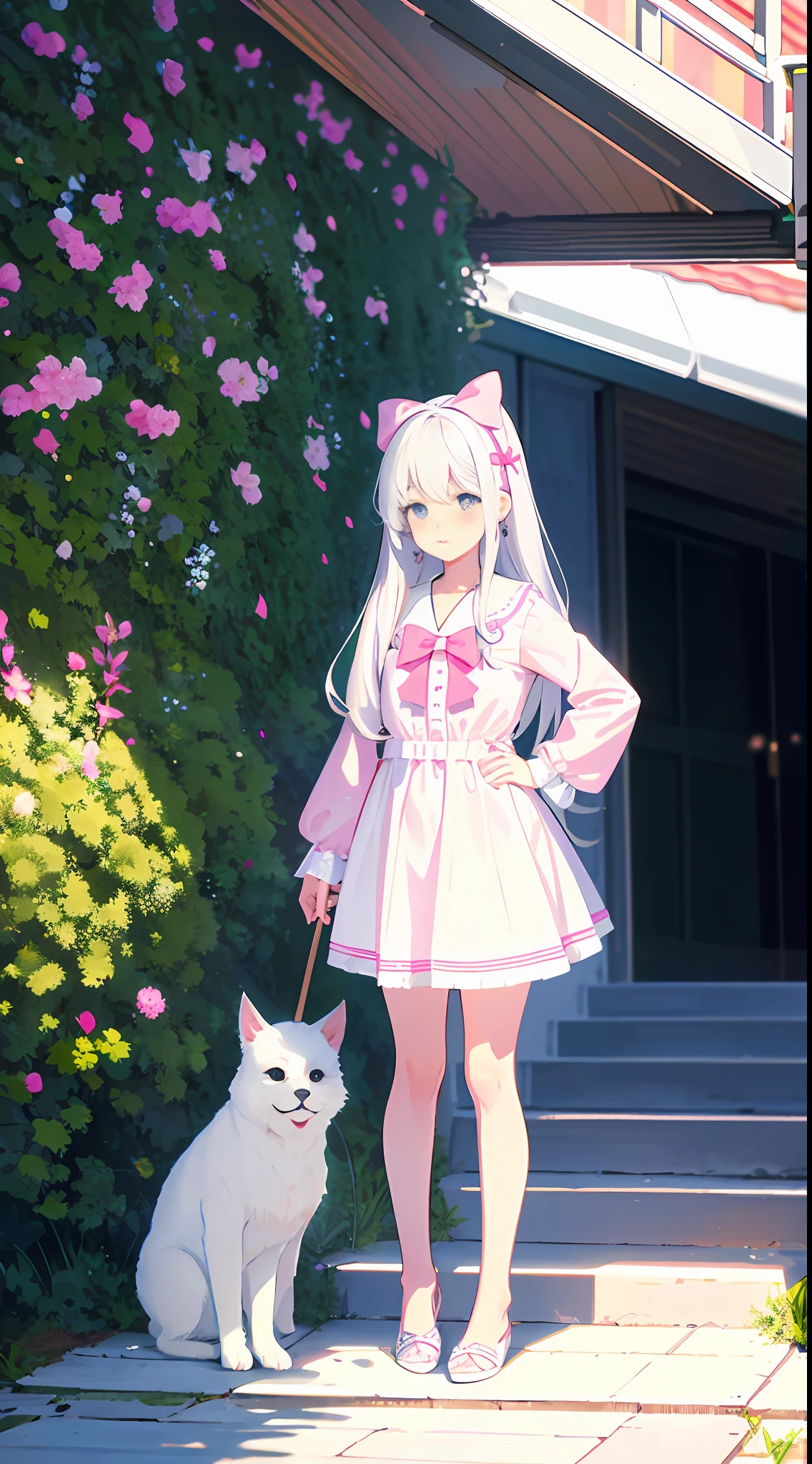 Masterpiece, best quality, super detailed, illustration, medium shot, beautiful detailed eyes, close-up, ((full_body, far shot)), home, wide angle shooting, bright light and shadow, movie shot, a girl. It is white hair, pink bow, white pajamas. Crouch on the ground and stick clothes to your face