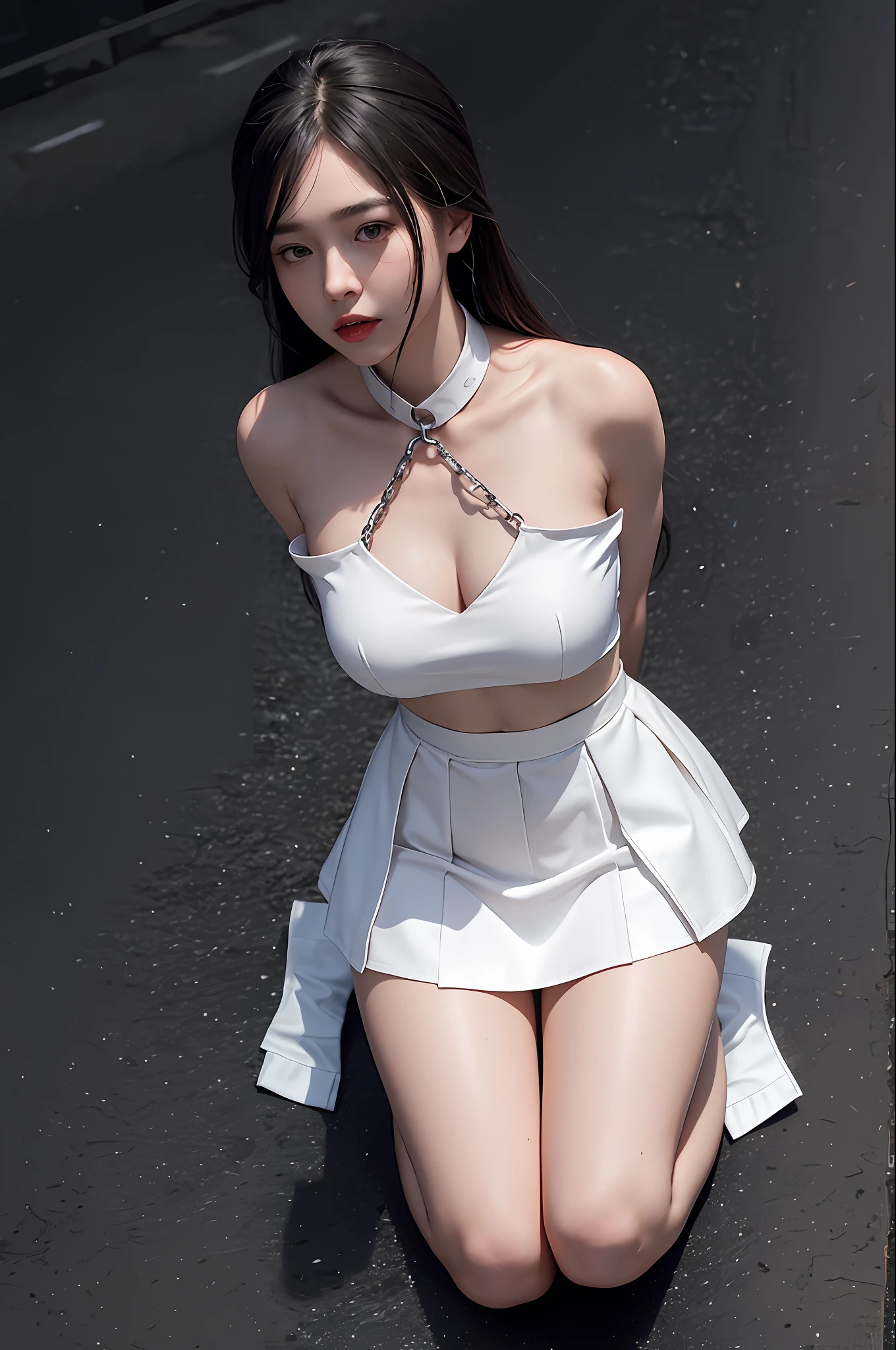 Black boots, white silk on the legs, black skirt, white short Japanese school uniform, gloves lace, bondage, gaggage, angry face, long hair, BDSM, slave, rubber, (in the cell), woman in chains, kneeling on the ground, feet tied and collar around the neck, all over, ((arms behind the back)), chain on collar, ((best quality, 8k, masterpiece: 1.3)), clear focus: 1.2, perfectly shaped beauty: 1.4, slender abs: 1.2, (layer cut, large: 1.2)), (Rain, Street: 1.2), Wet Body: 1.5, Very detailed facial and skin texture, detailed eyes, bare feet, no clothes, naked, naked, naked, unclothed, must follow my coming, if you do not come, I will let you die