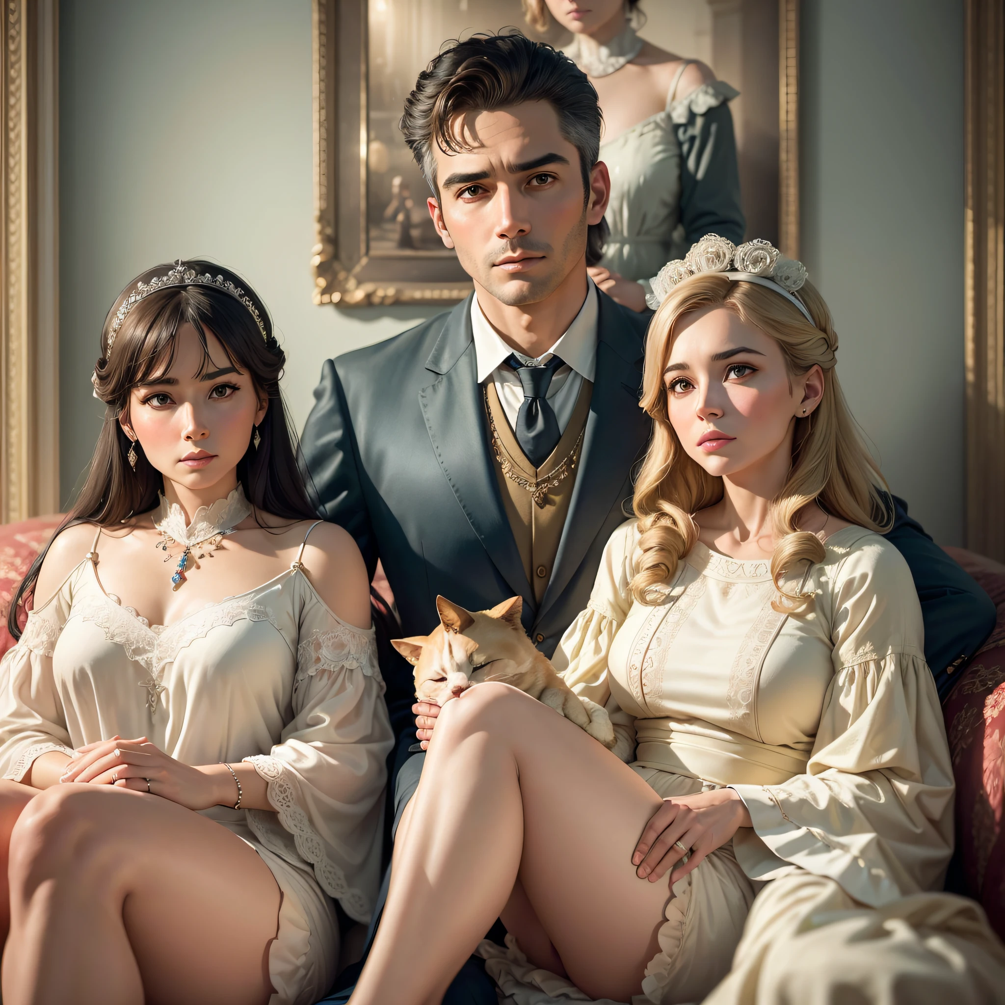 ((Exquisite)), high quality, widely detailed, ultra realistic, family portrait watching TV in the 60s, cinematic lighting, f/1.8 aperture technique, and 16k resolution.