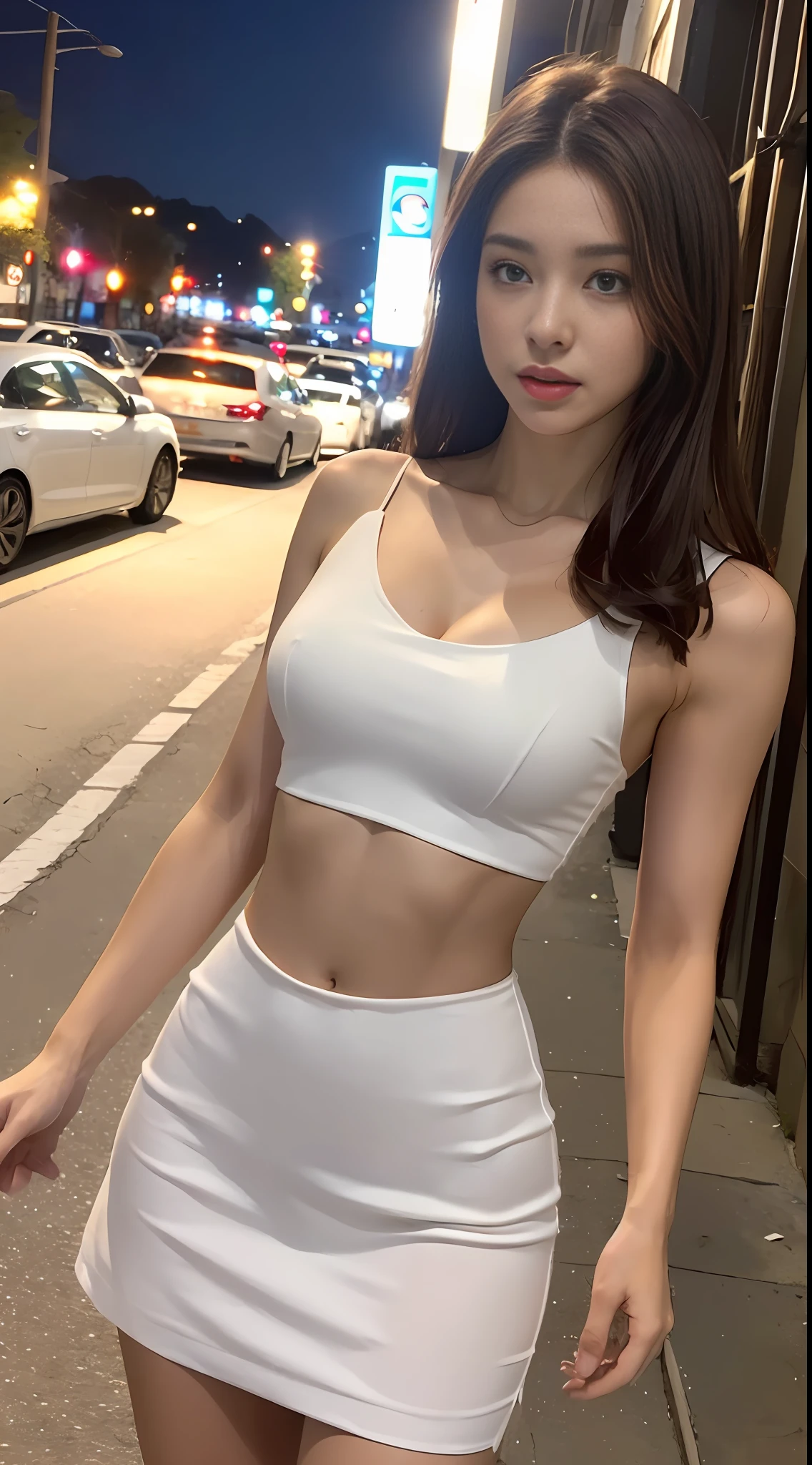 ((Realistic lighting, Best quality, 8K, Masterpiece: 1.3)), Focus: 1.2, 1girl, Perfect Figure: 1.4, Slim Abs: 1.1, ((Dark brown hair)), (White dress: 1.4), (Outdoor, Night: 1.1), City streets, Super fine face, Fine eyes, Double eyelids,