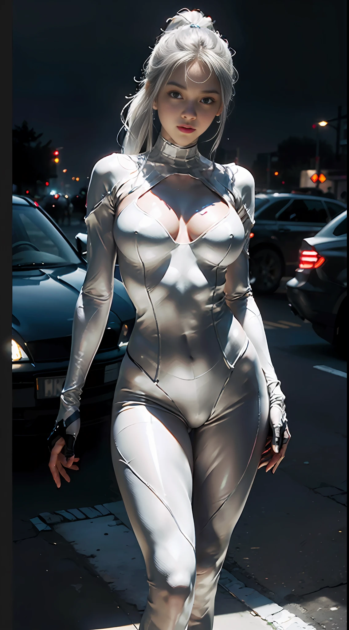 (Extreme Detail CG Unity 8K wallpaper, masterpiece, highest quality), (exquisite lighting and shadows, very dramatic graphics, cinematic lens effects), (girl in white Spider-Man costume, silver hair, ponytail, cleavage, pointed, crisp,, crotch bite, bitten crotch, from parallel universes, City skyline, night view, dynamic pose in background), (excellent detail, outstanding lighting, wide angle), (excellent rendering, enough to stand out in its class)