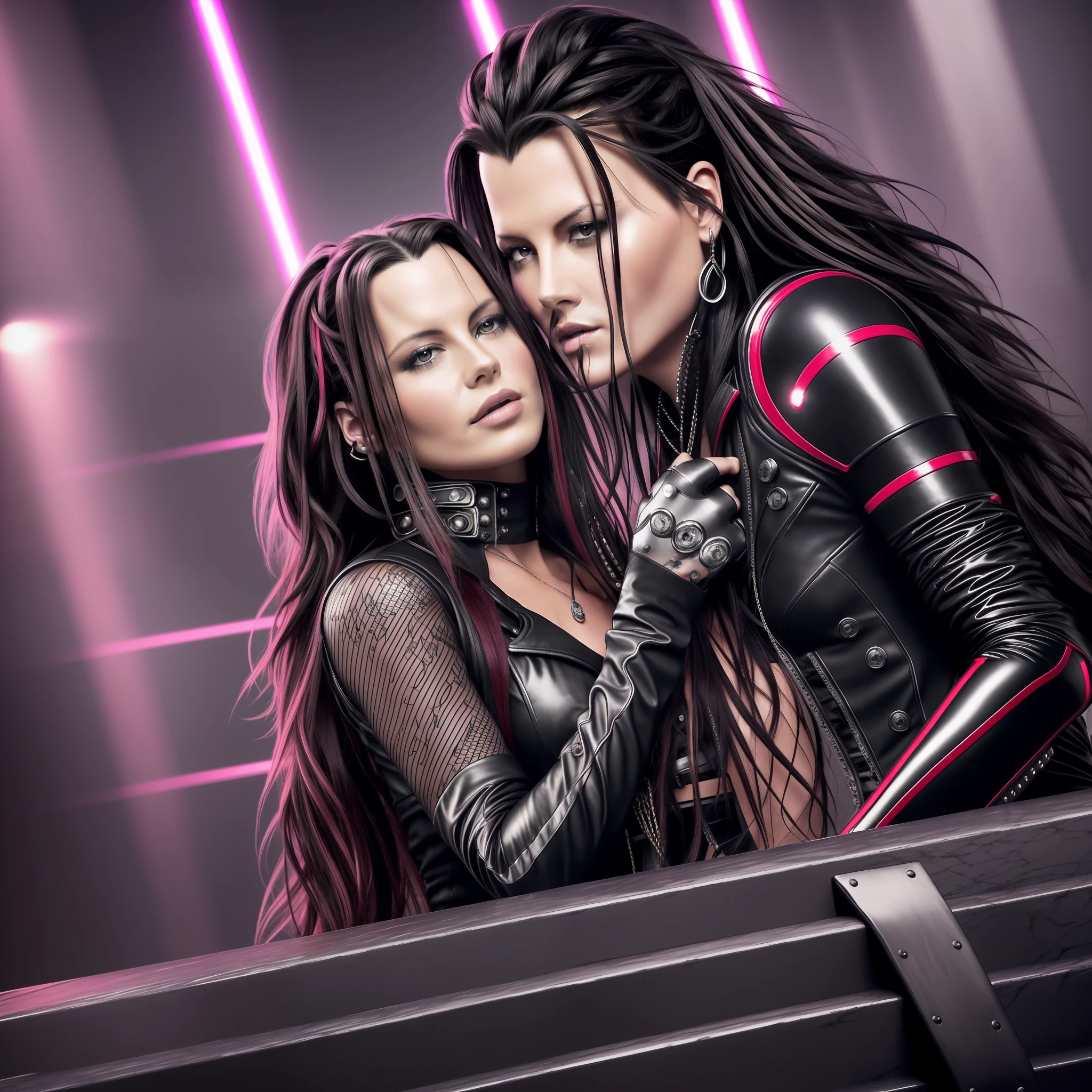 Man (johnny depp) kissing woman (Kate Beckinsale). She has fair skin, very smooth and fine, extremely long black hair. He has strong arms and is wearing futuristic black pants and transparent sleeveless blouse.. She is wearing an attractive futuristic black and red vinyl jumpsuit, cyber-punk, gothic style. Rave, DJ, Party, eletronic music, music, Colored lights, city lights. (with incredibly intricate, ultra-detailed, CG, 8k wallpaper-like, both long black hair), (masterpiece), (realistic), (photorealistic: 1.2), (raw photo: 1.2), (best quality: 1.2), (detailed face: 1.4), (beautifully detailed eyes: 1.2), (elaborate hair), face illuminated by light, enormous file size, dramatic cinematic lighting. --auto --s2
