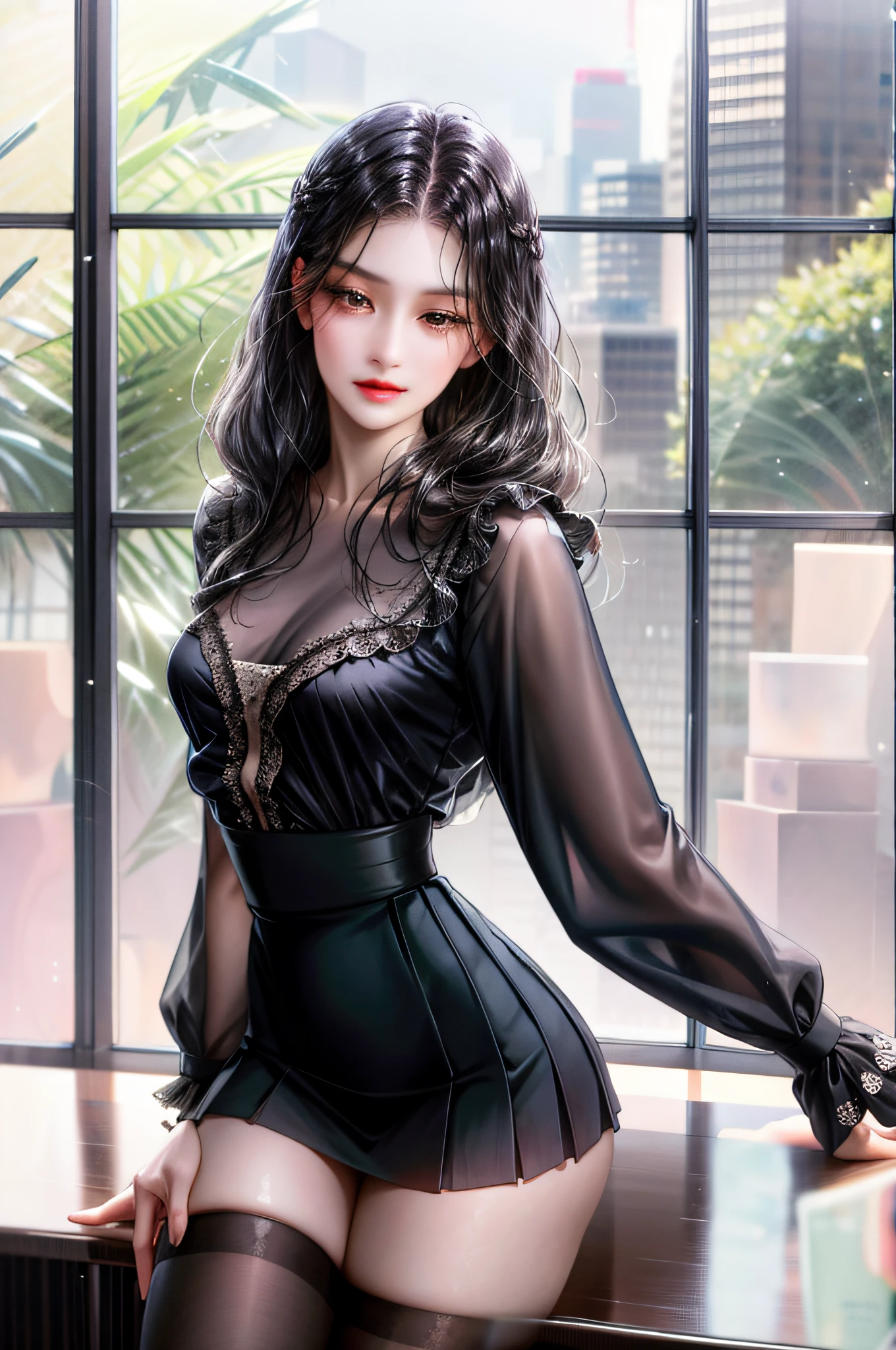 Girl with long straight black hair and brown eyes, beautiful, thin, flat, tall, may be wearing a businessman's uniform, one with long hair, the other with short women, ((white sheer blouse, no black miniskirt)), underwear bite, sexy pose, lower body slender, back figure, gaze by the window, buttocks sticking out, on all fours, buttocks facing forward, provocative
