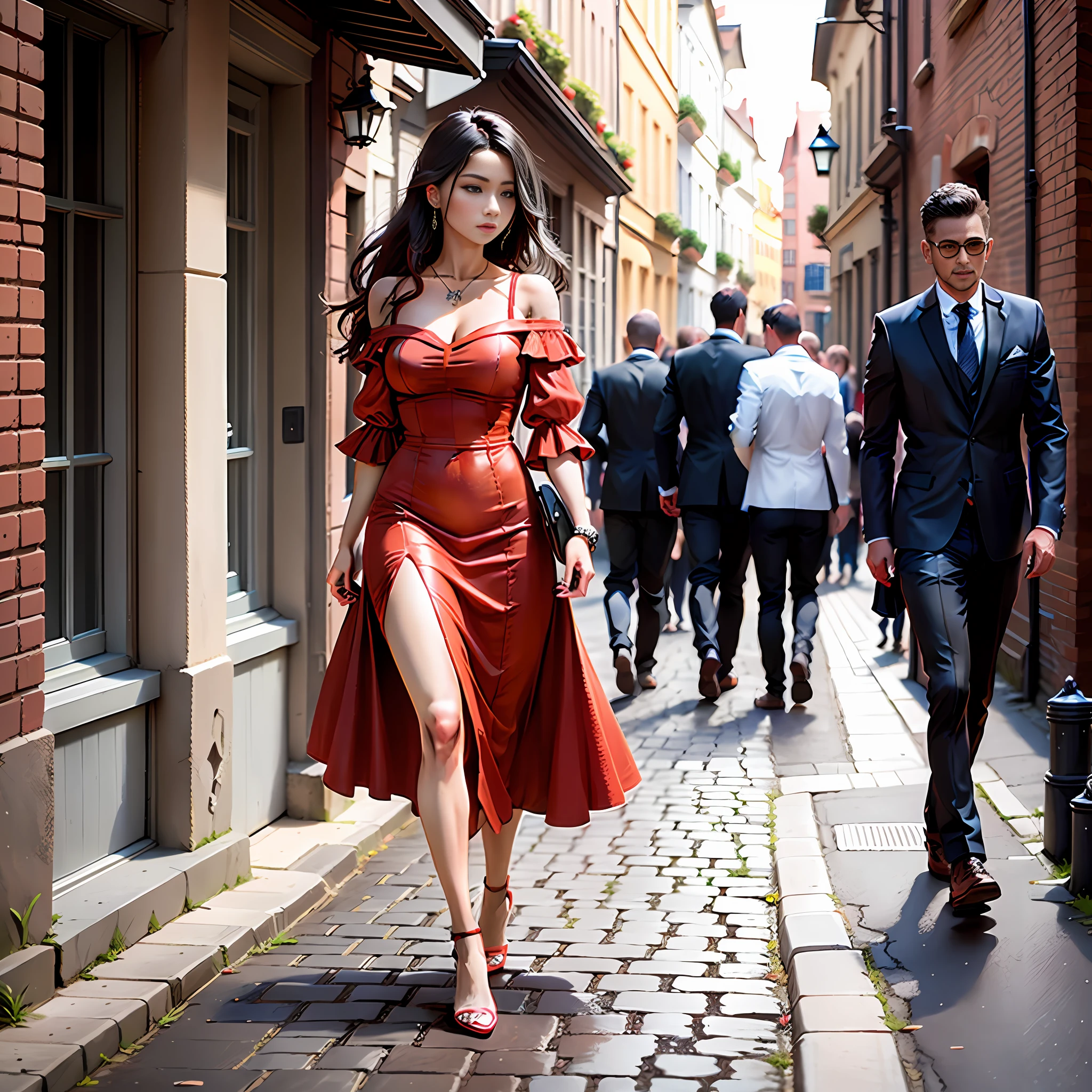 there is a woman in a red dress walking down a street, by Kuno Veeber, on the street, on the street, in city street, stunning woman, clothed in ancient street wear, gorgeous lady, by Zofia Stryjenska, wearing a red dress, wearing atsuko kudo latex outfit, by Jozef Simmler