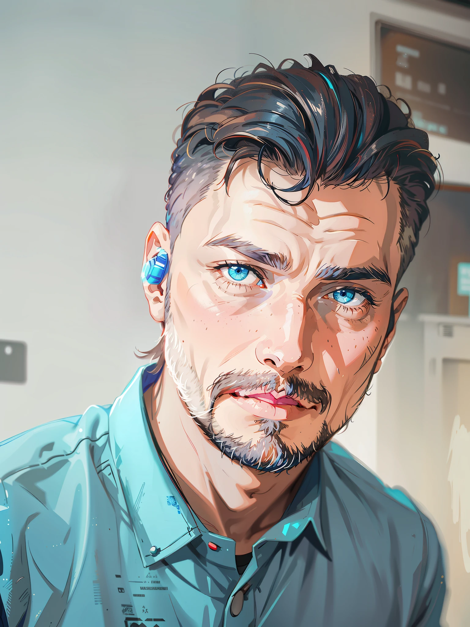 HD, (Best Detail) (Best Quality) There is a man with a beard and a blue shirt, colorful, cyberpunk,