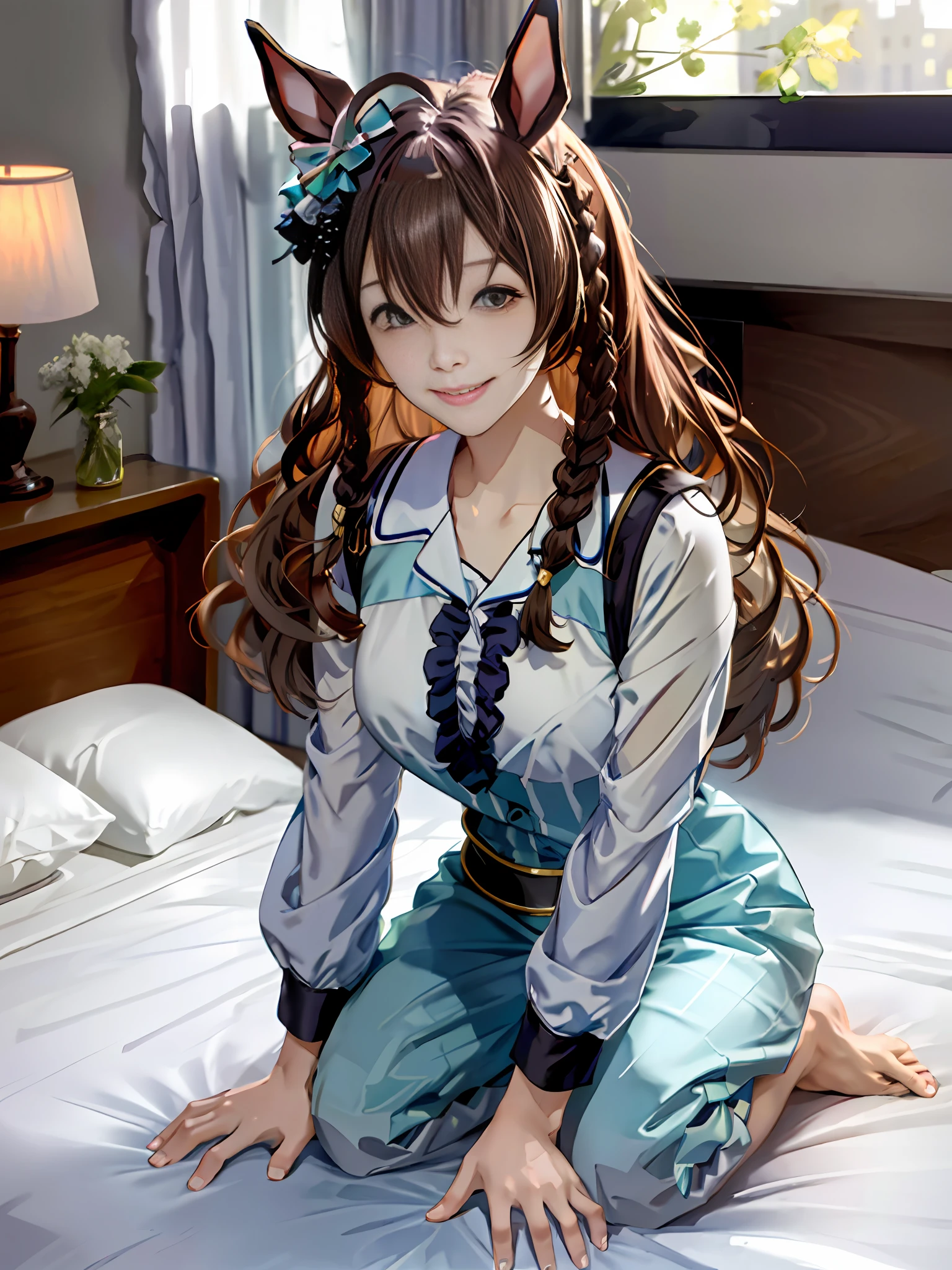 mejiro_bright_(umamusume), 1girl, solo, umamusume, horse girl, horse ears, horse tail, brown eyes, brown hair, long hair, light smile, ear bow, indoor, pajamas,(on all fours), from below, smile, bed, open clothes, rough breath, sexual expression, Gold City \(Umamusume\), full body wide angle,