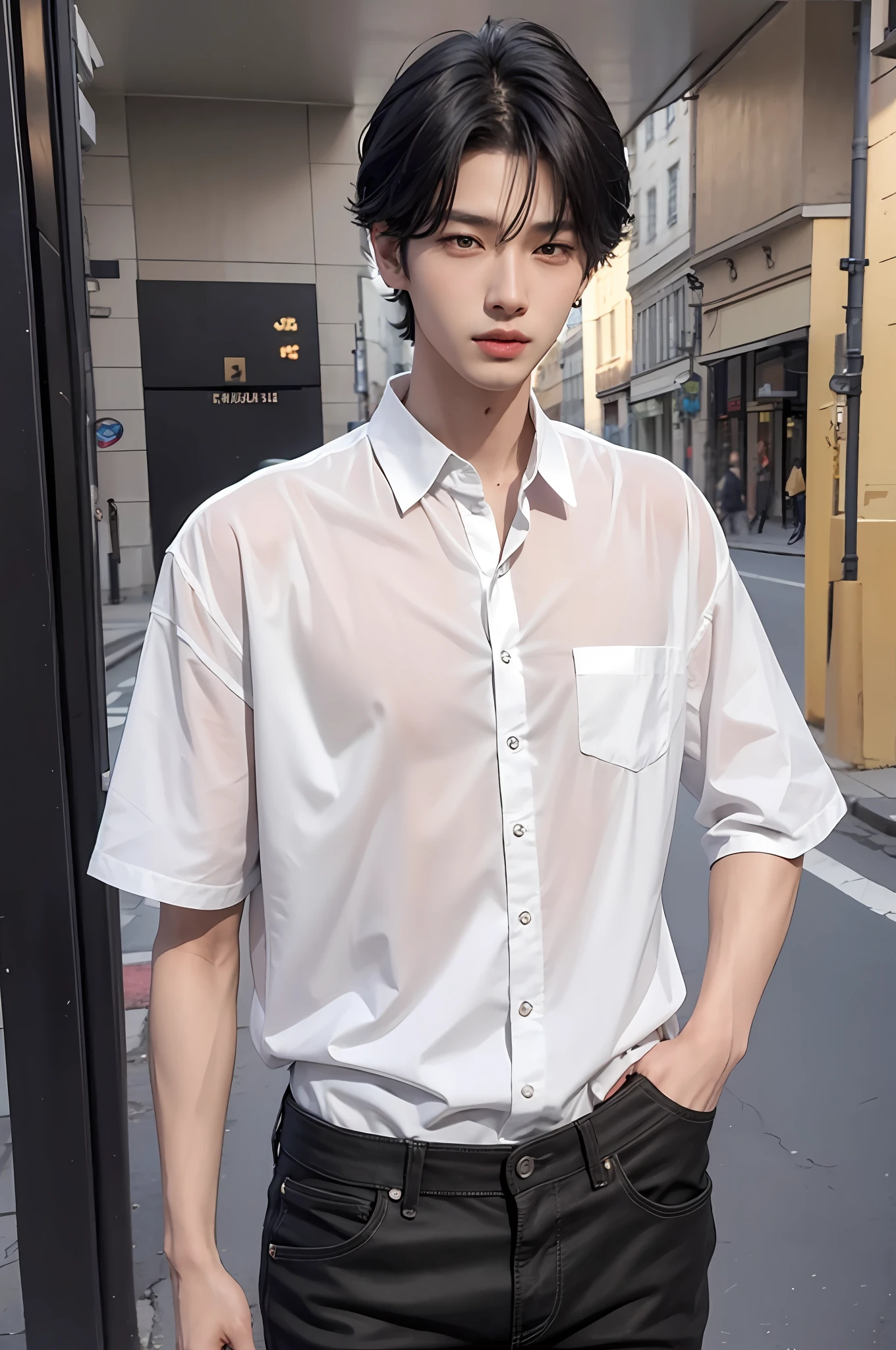 A modern home has opened the front door, (((one boy))), ((the whole body is visible)), he is a man. Far from the viewer. He is beautiful, sexy and young like Korean idol Hyunjin. He is slender, tall and has good style. He has black hair with a parted center. He's looking upwards. He wears a white shirt and black skinny pants.