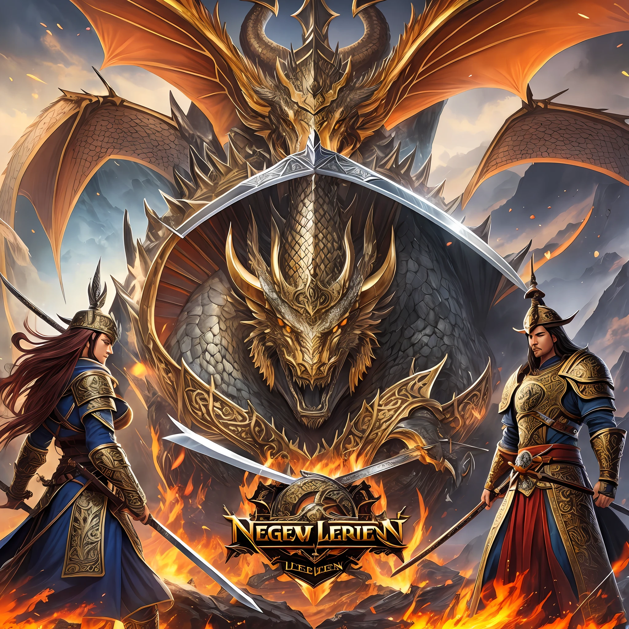 Logo (inscription new era legend),fantasy, detailed, 1:5, 4kk, swords, spears, dragon, ring, fire, alliance, team, effective, friendship, communication, adventure, island, ant, inscription new era legend --auto --s2