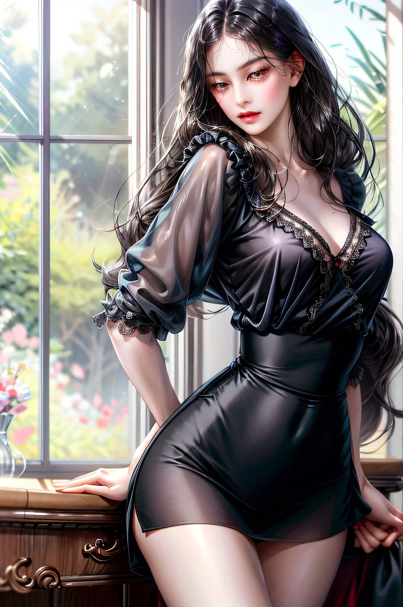 Girl with long straight black hair and brown eyes, beautiful, thin, flat, tall, may be wearing a businessman's uniform, one with long hair, the other with short women, ((white sheer blouse, no black miniskirt)),  bite,  pose, lower body slender, back figure, gaze by the window,  sticking out, ,  facing forward, 