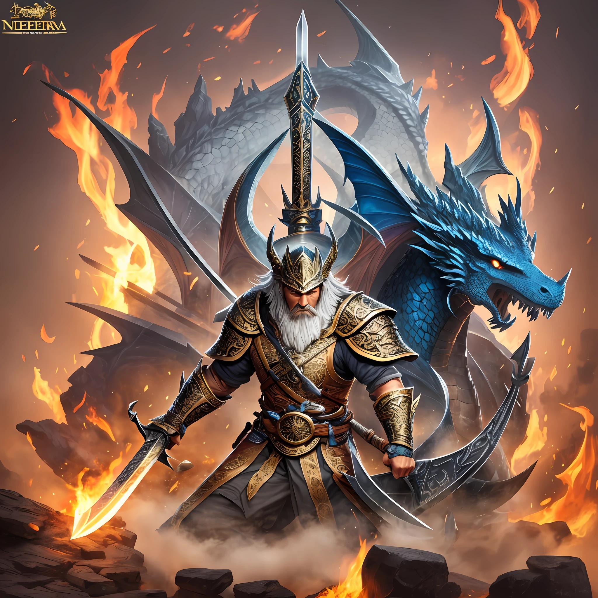 Logo (inscription new era legend),fantasy, detailed, 1:5, 4kk, swords, spears, dragon, ring, fire, alliance, team, effective, friendship, communication, adventure, island, ant, inscription new era legend --auto --s2