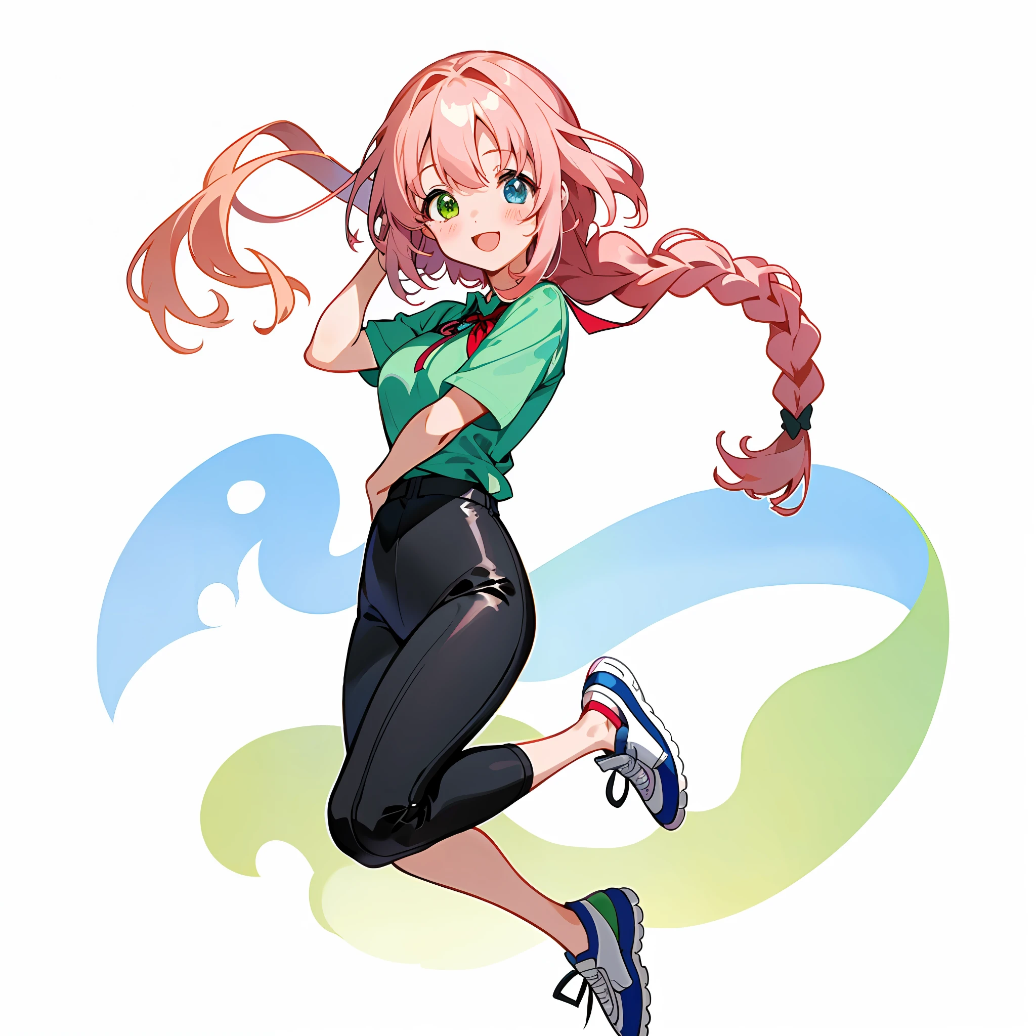 One Beautiful Girl, (Heterochromia, Blue and Green Eyes: 1.8), Shining Eyes, (Illustration: 1.1), (Chibi: 1.5), (Masterpiece, Super Detail, Best Quality, 8K, Kyoto Animation Animation Illustration)), (Caregiver, Cute Girl 1, Big, Solo, Watch Viewer, Full Body, Upright, Frontal, Cute Open Mouth, Happy Smile: 1.3), (Loli: 1.2), ( Cute: 1.5), (Red short sleeve polo shirt and black tight long pants, Long Heat Tech inner shirt: 1.5), (Footwear: Sneakers), (Pale pink hair, braid, long hair, cute ribbon: 1.1), Large room, wooden floor