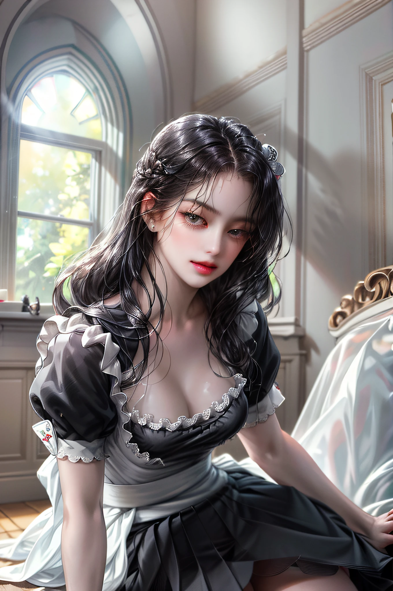 Maybe, one with long hair, the other with short women, (((white sheer blouse, black miniskirt)), underwear bitten, sexy pose, lower body slender, back figure, gaze by the window, buttocks sticking out, on all fours, buttocks facing here, provocative 8:57 masterpiece, top quality, young maid, wearing a maid's uniform