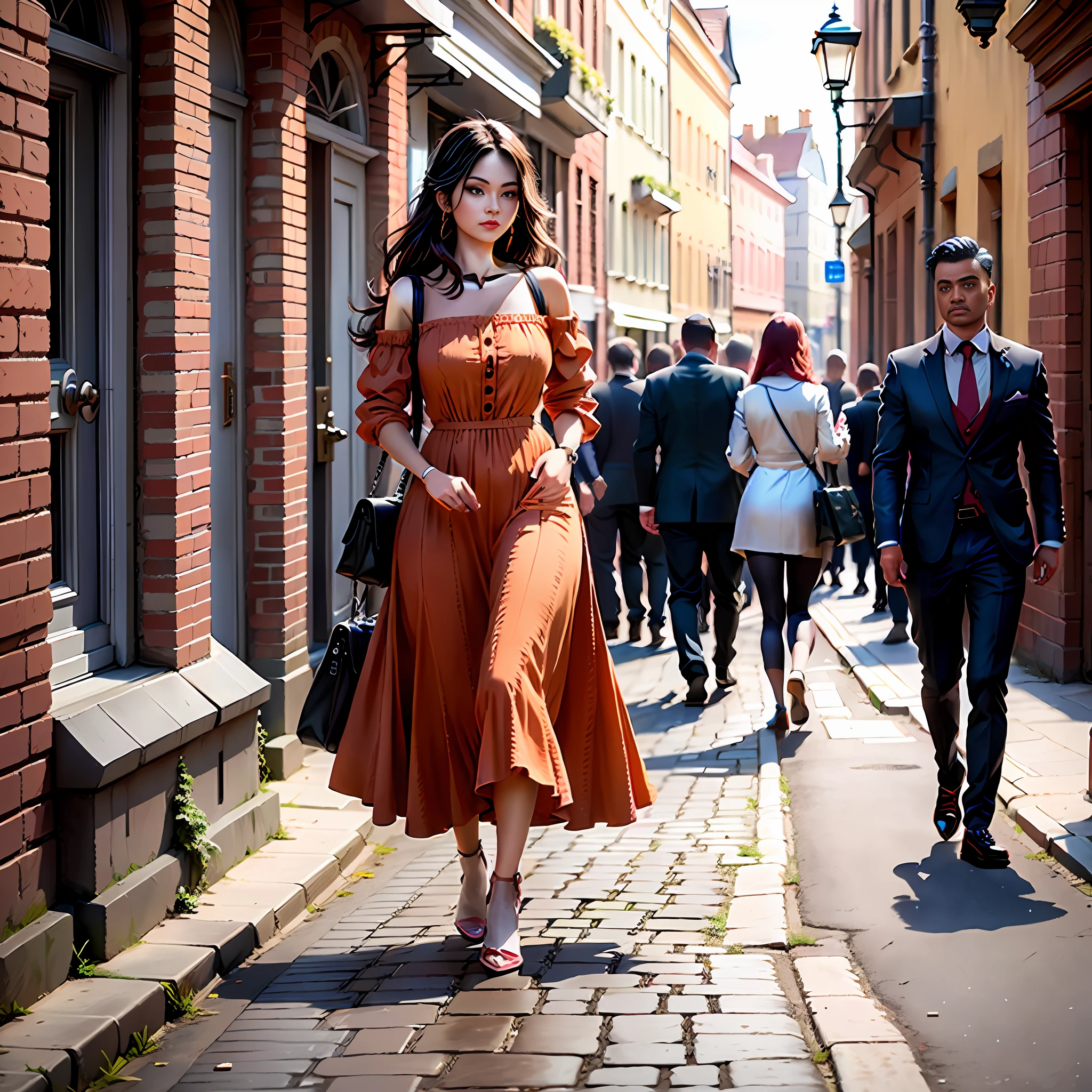 there is a woman walking down a street with a man walking by, in a steampunk distopian city, by Zofia Stryjenska, clothed in ancient street wear, shot on canon eos r 5, shot on canon eos r5, gothic city streets behind her, shot on nikon z9, in city street, photo taken with nikon d750