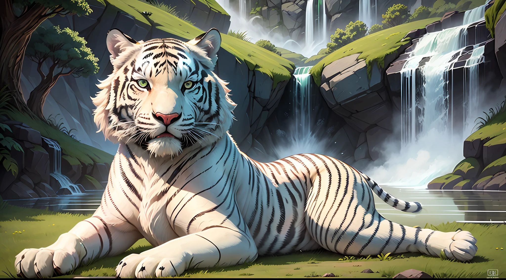 /imagine prompt: cartoon image of a majestic white tiger,
with big blue eyes and black stripes,
laying on a bed of green grass with a waterfall in the background,
emitting a sense of playfulness and cuteness,
drawn with a vibrant color palette and bold lines,
directed by Chuck Jones,
drawn by Tex Avery,
styled by Disney,
and illustrated in a classic hand-drawn style —c 10 —ar 16:9 --auto --s2
