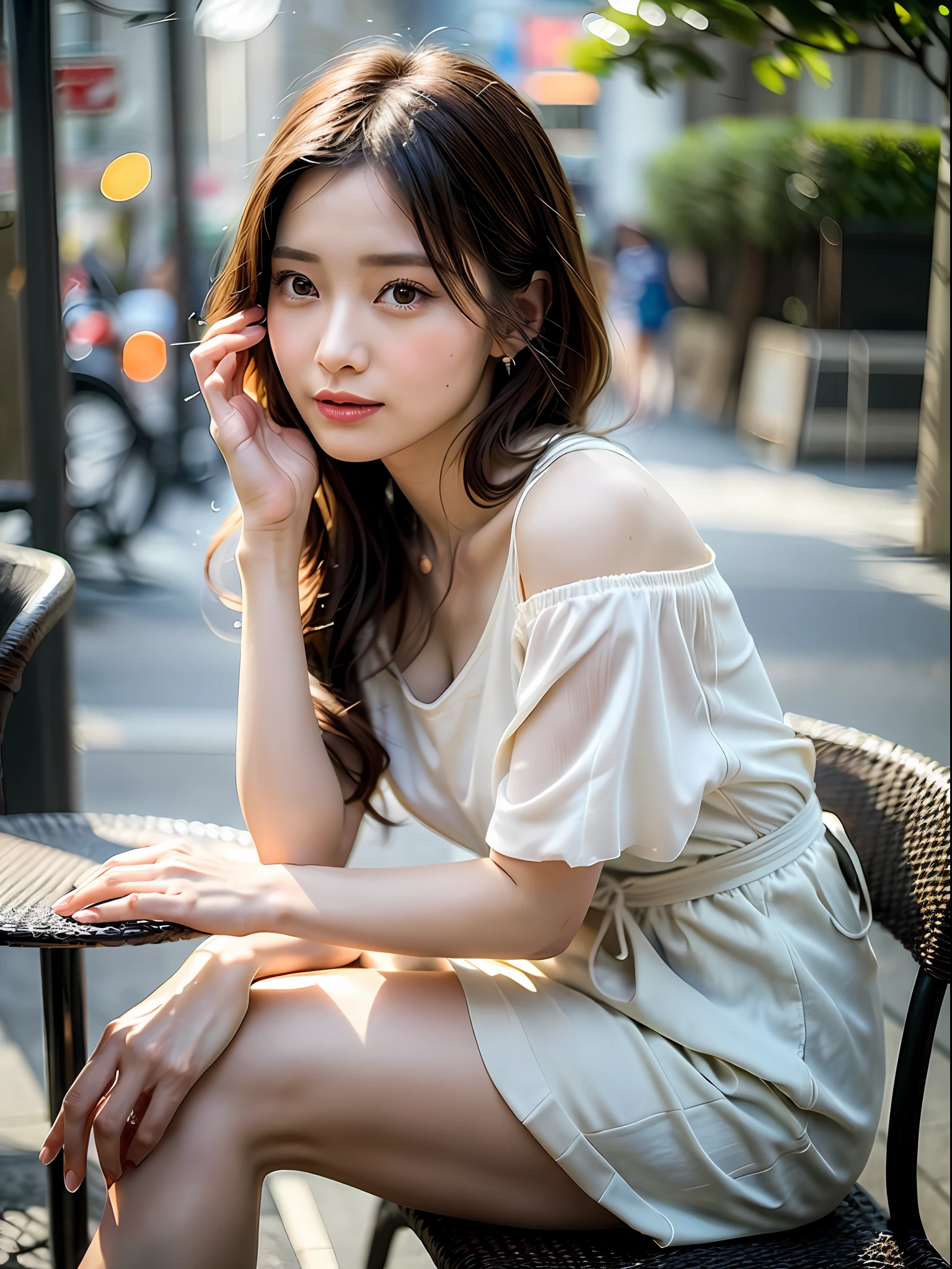 Sitting on the terrace of a café with New York atmosphere, shot in natural light from morning to noon, hairstyle and fashion style according to the Japan trend of 2023, realistic, lifelike, super detailed, beautiful face, 30s, actress, Japan half model, elaborate CG Unity 8K, model is slender, cute, and also mature. The hairstyle is below the shoulder length and fluttering in the wind according to the fashion of the Japan of 2023, delicate skin type, fine details and softness of hair, camera angle is from the waist up, the model's hair color is slightly bright and soft, makeup should emphasize bright lips and eye-catching mascara, and style it naturally and lightly. For your fashion style, choose short-sleeved clothes that are less exposed on the chest that match the summer trends of 2023 and use pale pastel colors to express a sense of relaxation. The model is sitting at a table on the terrace and posing for pulling up her hair with her hands from a side angle.