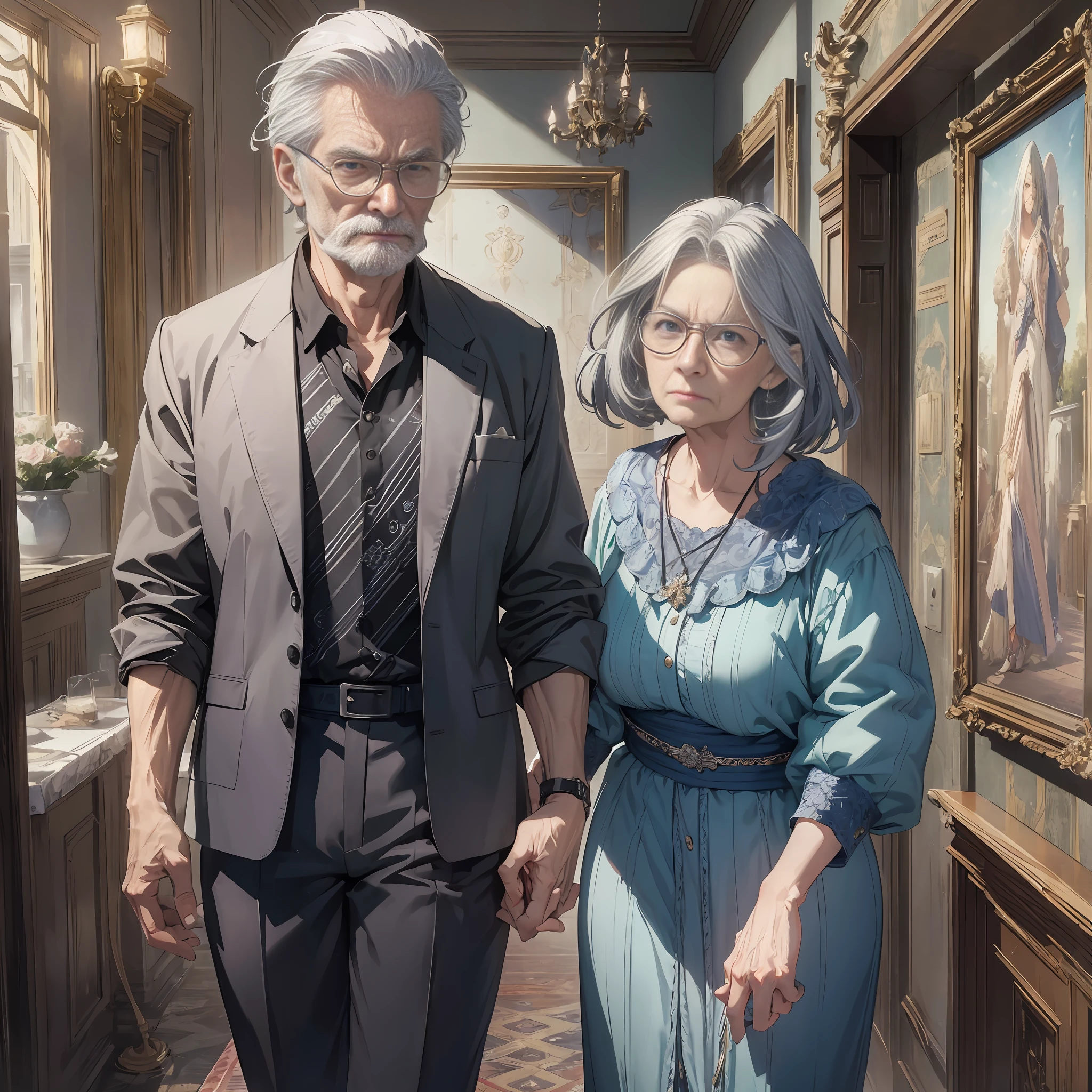 An elderly couple with gray hair standing in the villa (expression angry 1.5) (best quality: 1.1) (vision 1.5) (masterpiece: 1.3) with an unbeatable masterpiece, surreal 8K, perfect artwork, super detail, best quality, masterpiece 4K wallpaper aesthetics, masterpiece, award-winning artwork, official art, cinematic lighting