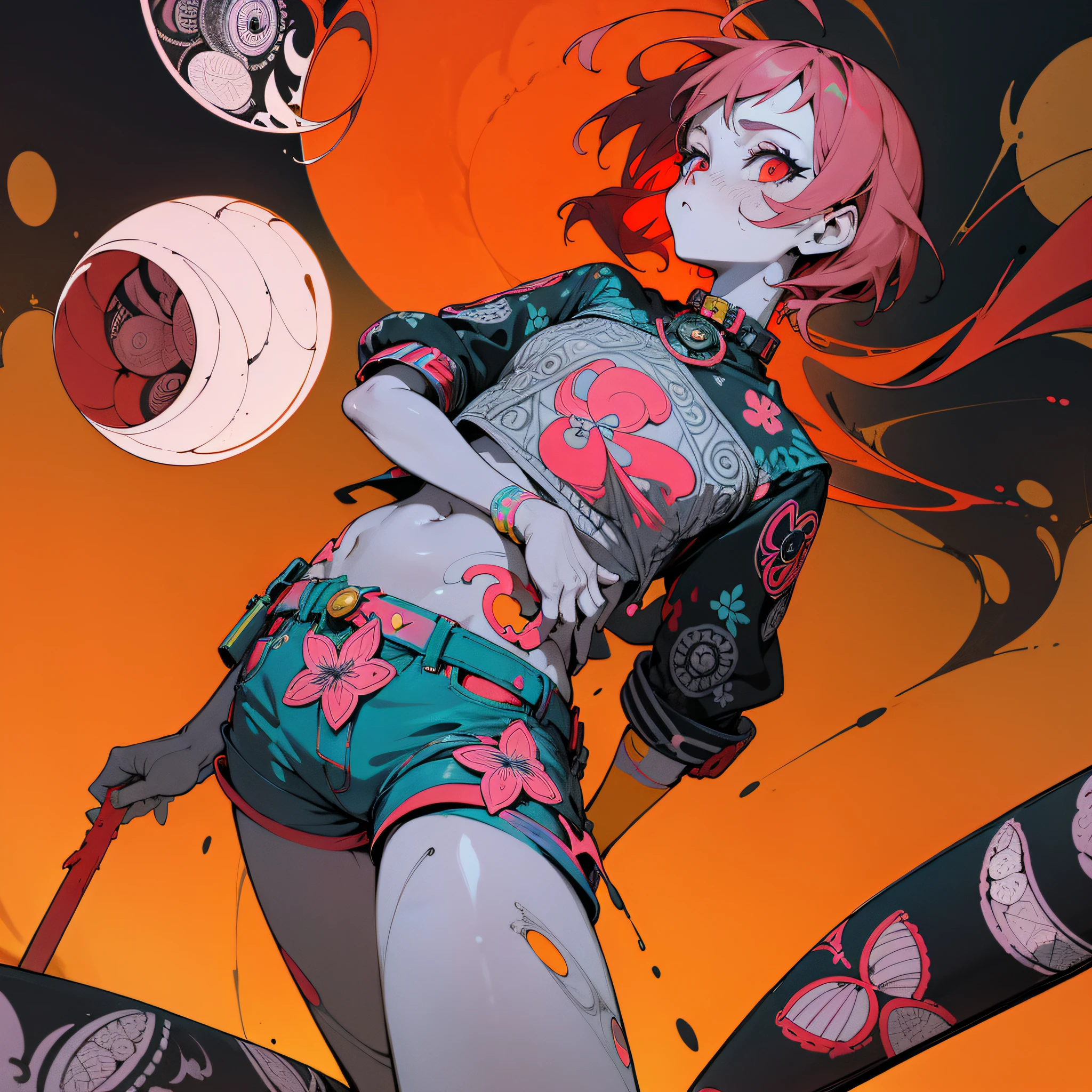//Graphics
(realistic:1.3), super photo realistic illustration, highres, ultla detailed, absurdres, official art, unity 8k wallpaper,

//Character
(1 girl), solo, extremely beautiful girl, loli,cute, kawaii,
((Zentangle:1.4)),
denim shorts, (Oversized long jacket;1.5)., Typography_Tee, {{{Enlarged thighs:2.0}}}, {{{Naked thighs}}}, {{{thighs focus:2.0}}},
standing,navel, stomach,
(frosty eyes), red eyes, neutral expression, impassive:1.4, stoic, indifferent,looking at viewer,
(battle action scene),
BREAK,

//background
(flat colors:1.8), (monochrome:0.8), collage art, layered textures, mixed media, bright colors,screen printing, bold graphics, layered designs, handmaid texture, unique visuals, versatile technique, punk aesthetics, DIY approach, rebellious attitude, raw textures, gritty visuals, anarchic energy, underground influence,

//effect
(night:1.4, fluid motion,red full moon:1.4, blood splash:1.4, red butterflies), (amaryllidaceaes:1.4),